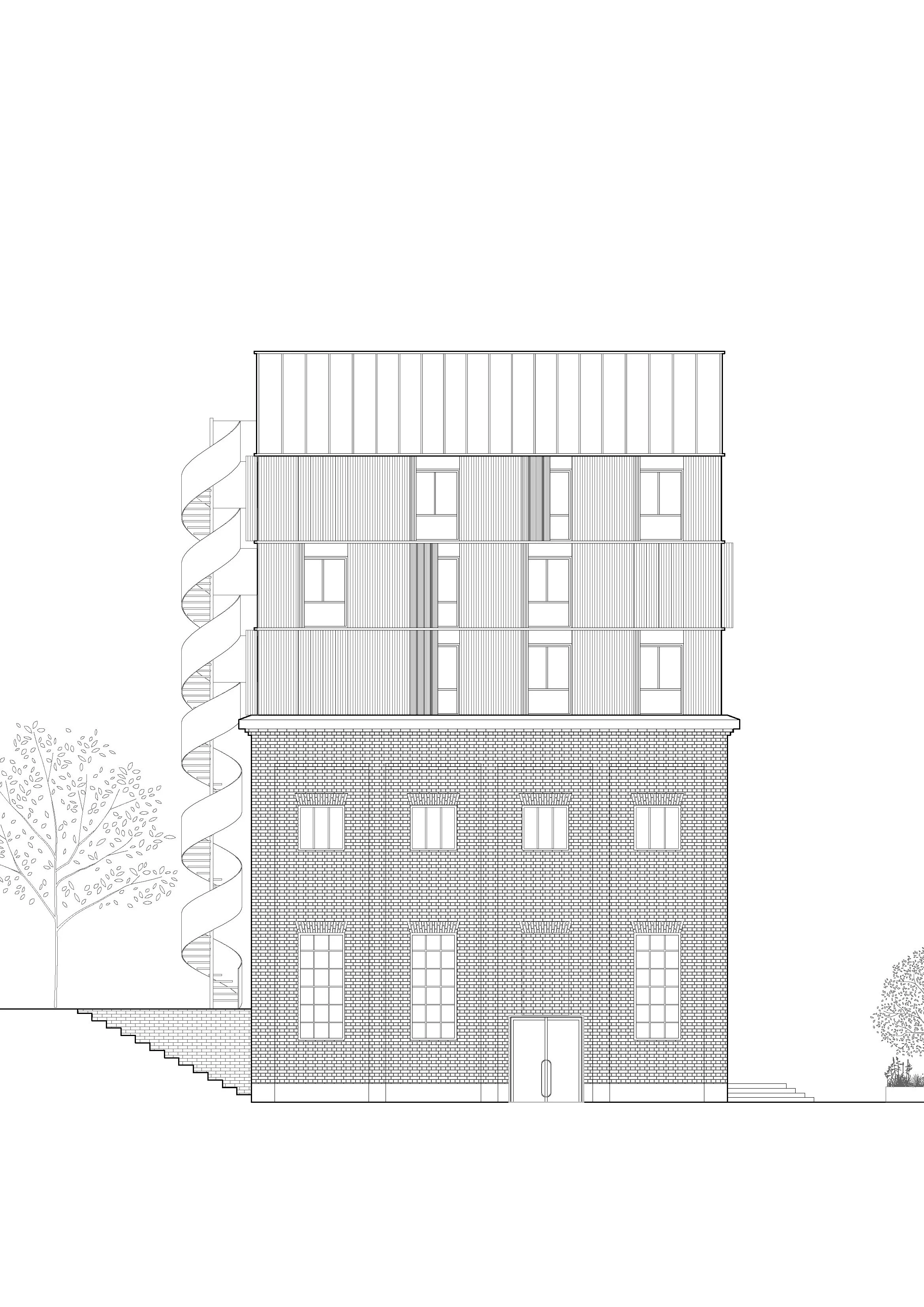 Architectural drawing of a multi-story brick building with a modern glass and wood top floor, external staircases on the sides, landscaped trees, and outdoor stairs at the entrance.
