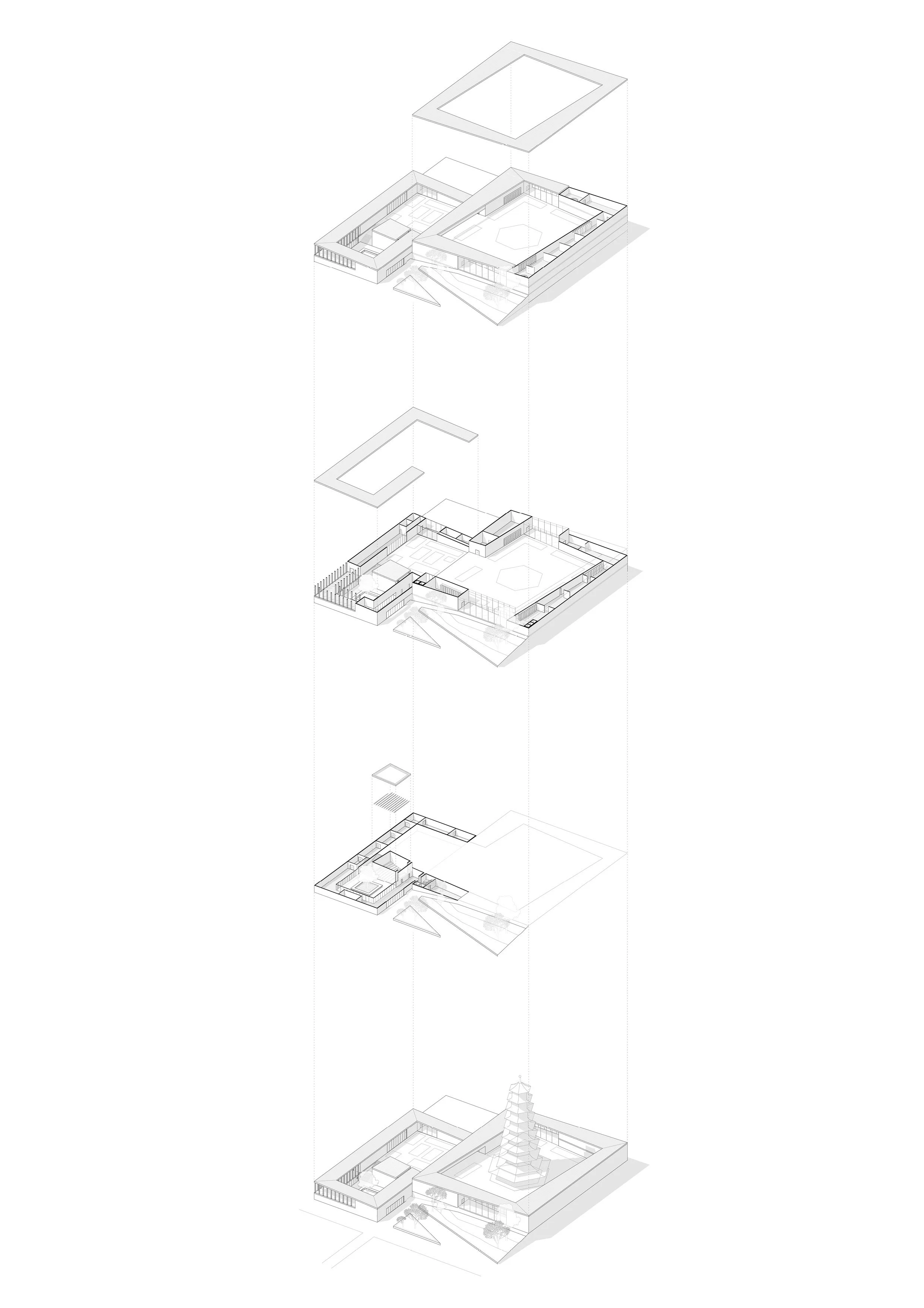 An exploded view of a modern architectural building showing five separated layers including the base floor, internal structures, rooftop, and an external spiral staircase, with a central courtyard and surrounding landscape.
