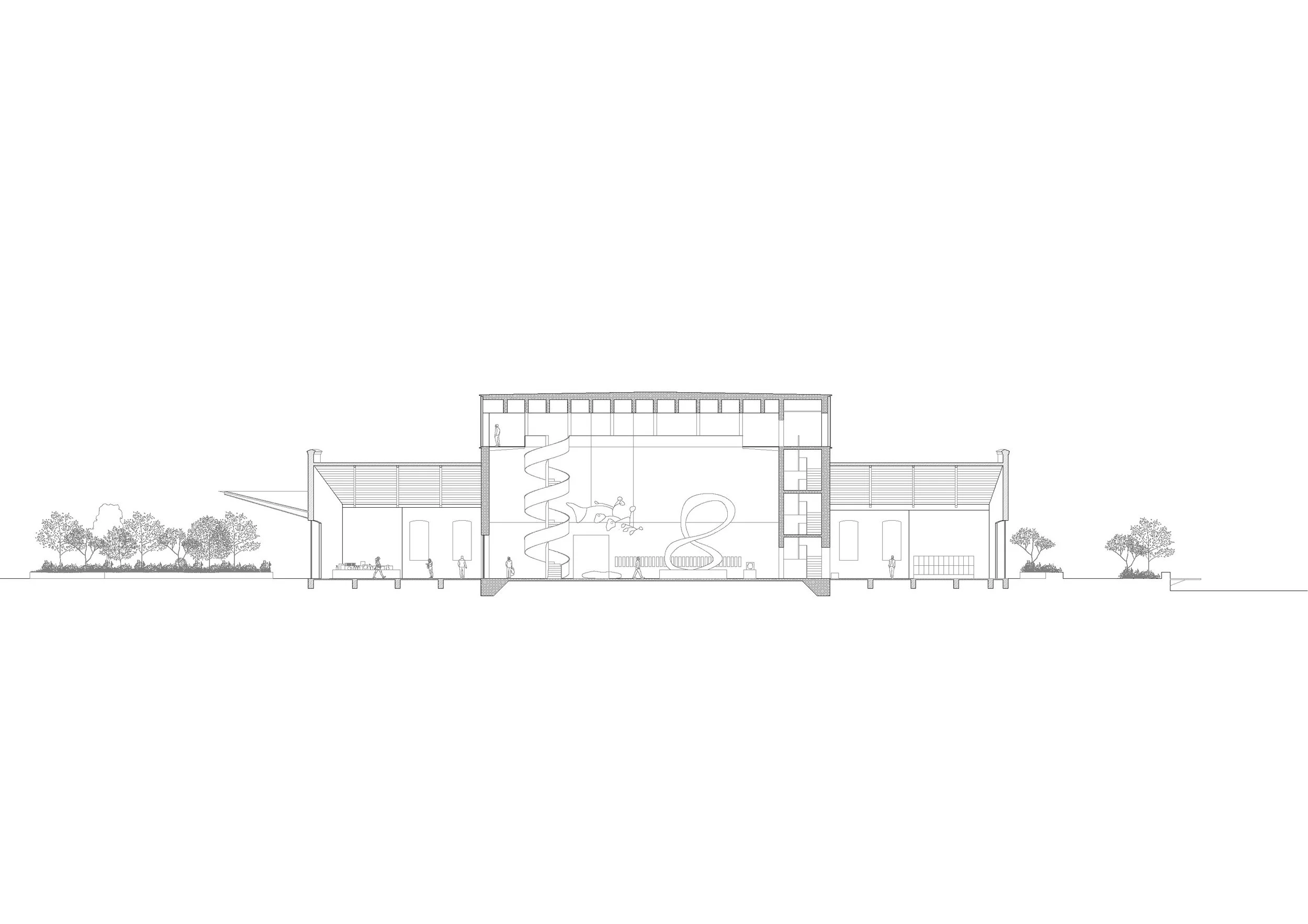 Architectural elevation drawing of a building with trees and outdoor elements.