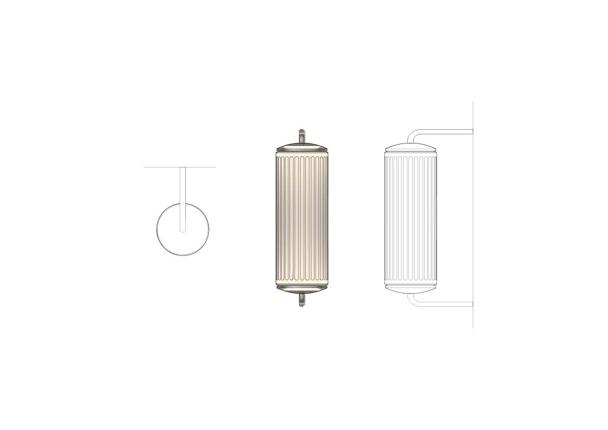 Line drawing of a vertical cylindrical water heater with piping connected to the top and bottom, shown from a front view, with a side view sketch in the background.