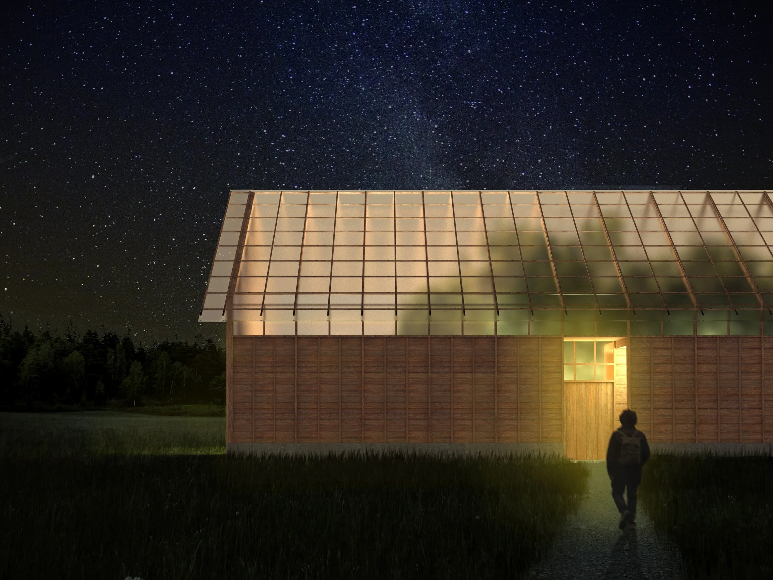 A modern building with a grid-like glass facade at night, illuminated from inside with a person walking nearby under a starry sky.