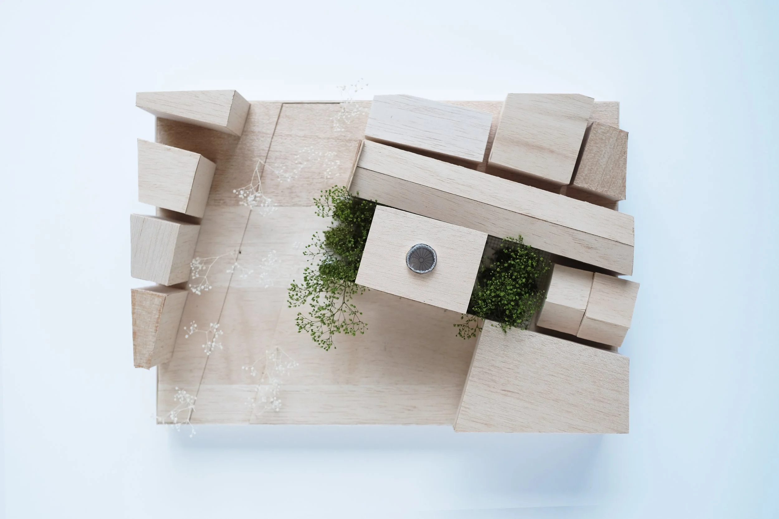 A top-down view of a modern architectural model made of light-colored wood, featuring multiple rectangular blocks, greenery, and small decorative plants, set against a white background.
