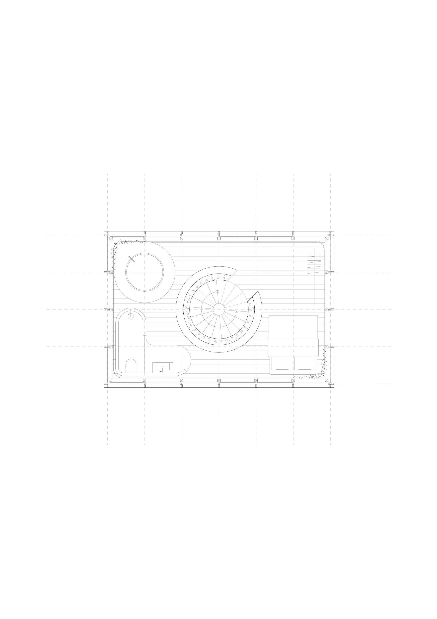 Architectural blueprint of indoor space with spiral staircase, circular feature, and various rooms and furniture.
