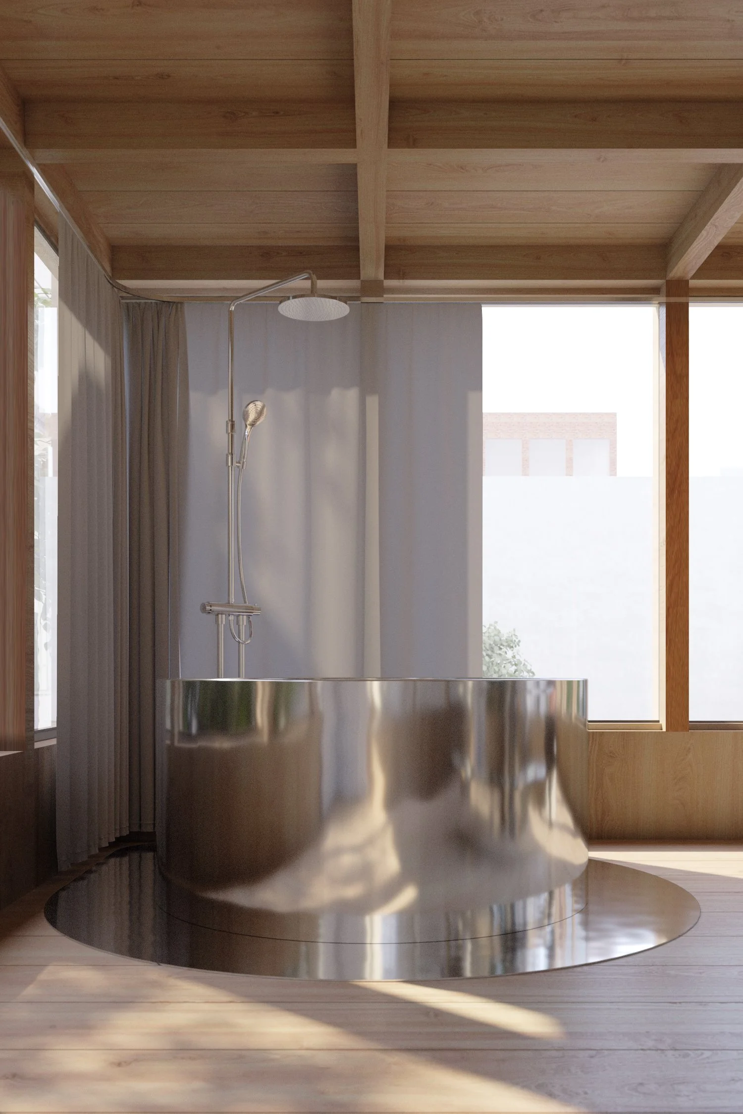 Modern bathroom featuring a large round stainless steel soaking tub, floor-mounted shower with a rainfall showerhead, and floor-to-ceiling windows letting in natural light.