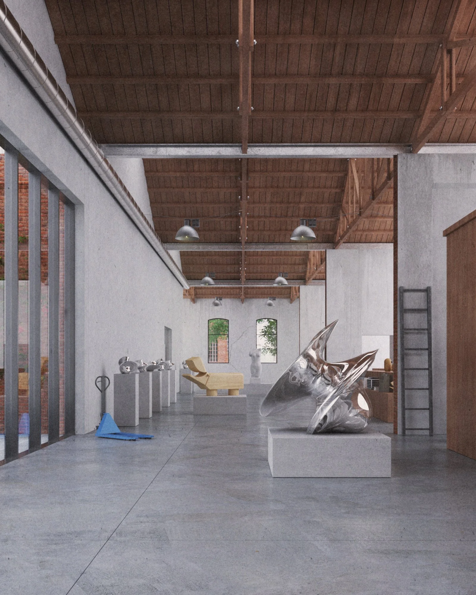 Interior space with unfinished construction, concrete flooring, exposed wooden ceiling beams, modern sculptures, and construction tools.