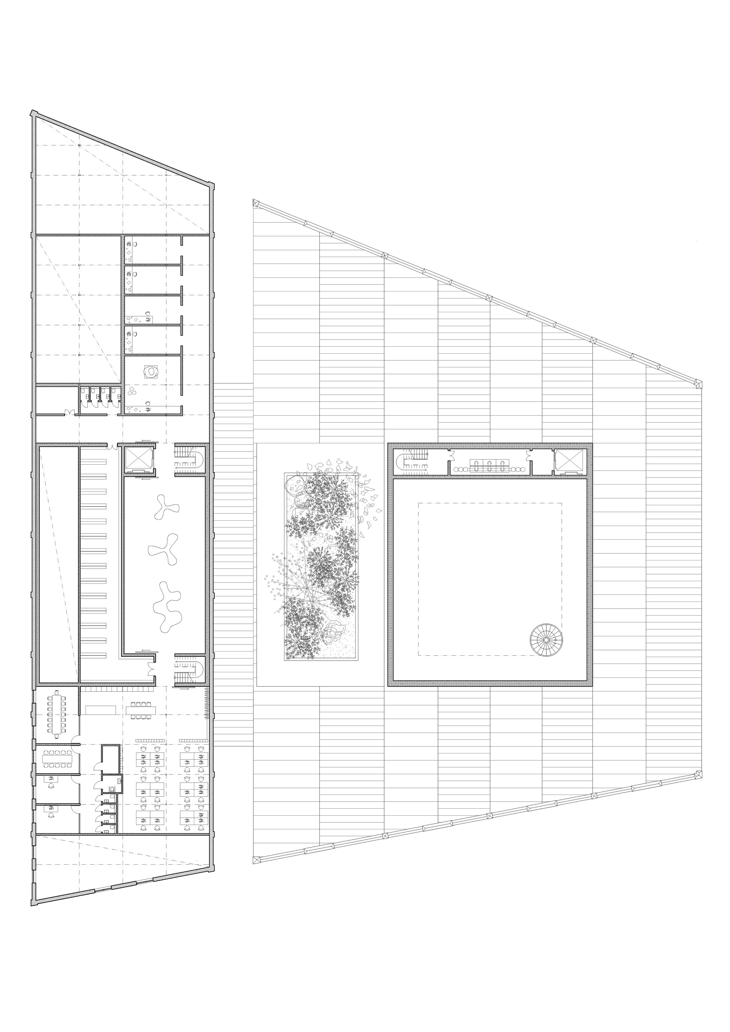 Architectural blueprint of a building with detailed floor plans, a courtyard garden, and outdoor decking areas.