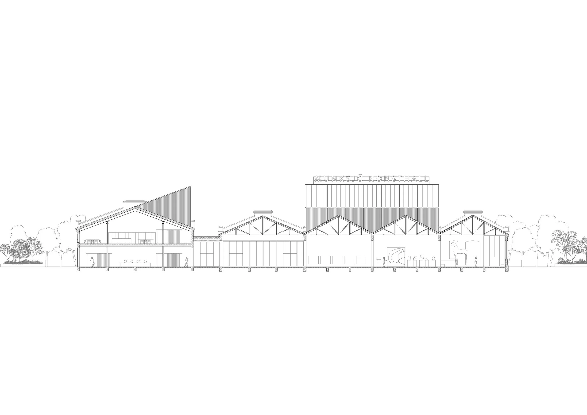Line drawing of a building with the name MUNKSJÖ KONSTHALL on top.