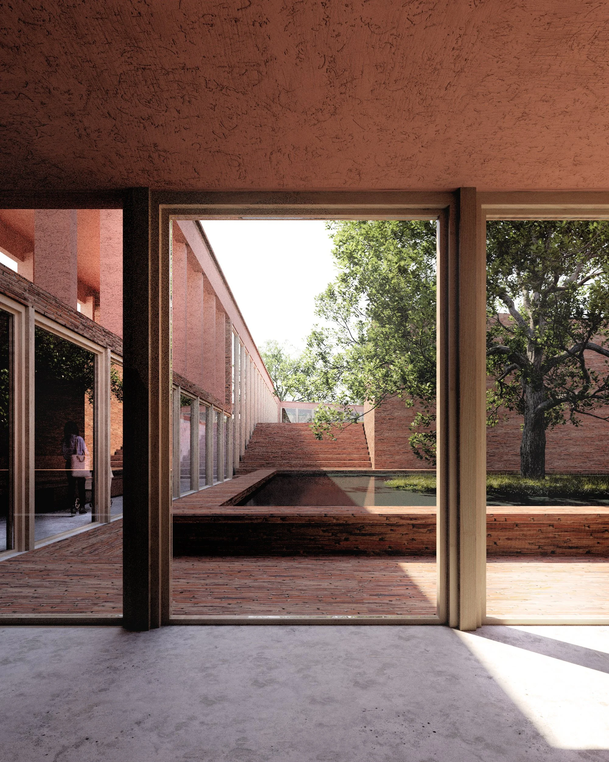View through an open sliding glass door showing a courtyard with brick steps, a small pond, and trees with green leaves.