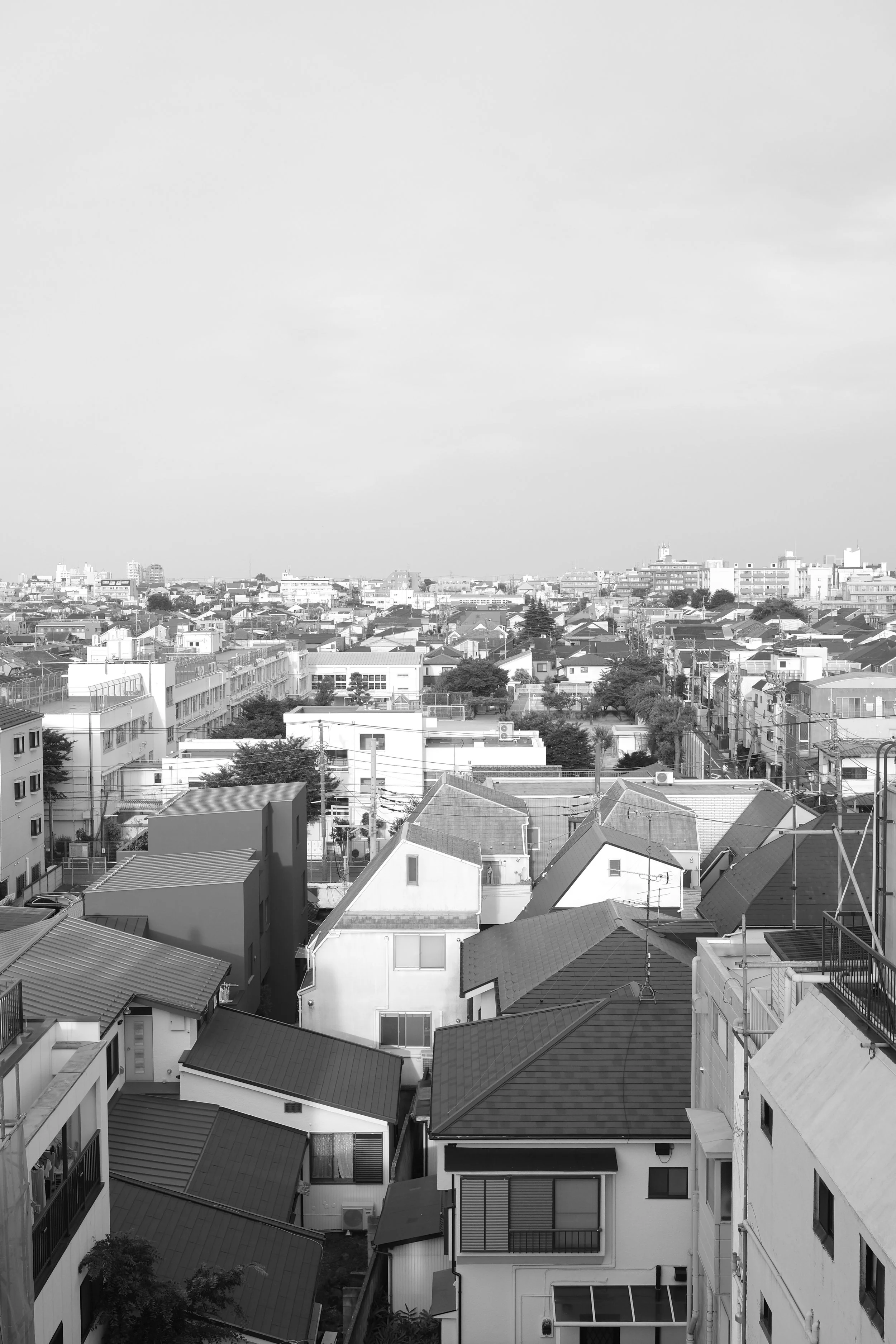 A cityscape view of a dense residential neighborhood with multiple houses and apartment buildings under an overcast sky.