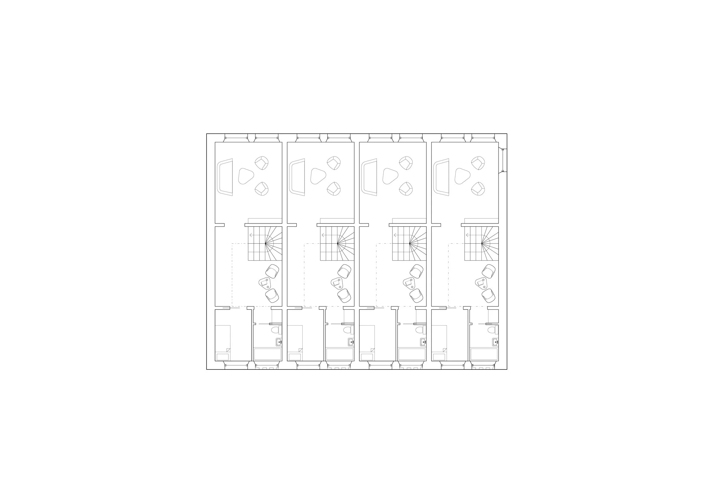 Floor plan of multiple small rooms with furniture and a staircase.