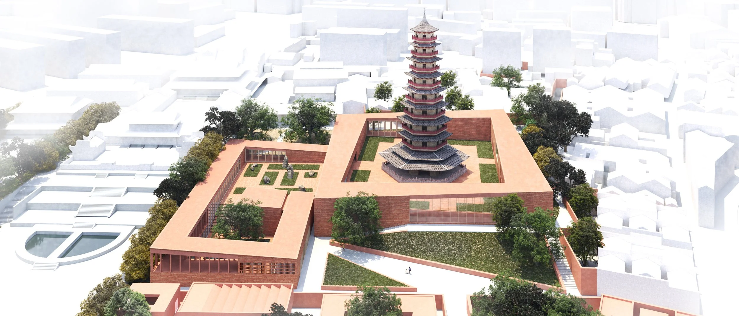A large multi-tiered pagoda with a red and gray exterior, surrounded by a courtyard with green grass and trees, all within a high brick wall.