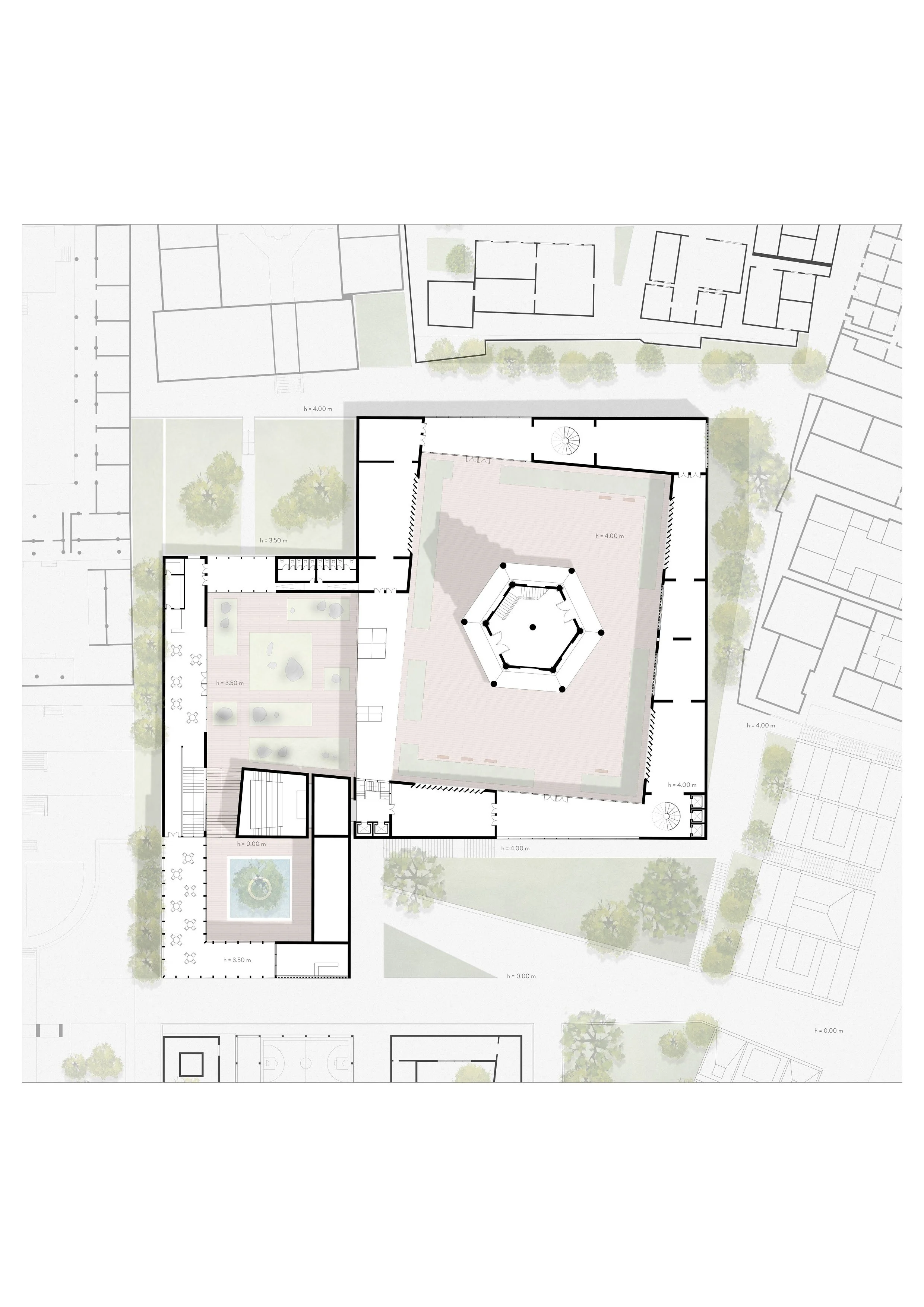 Architectural floor plan of a building with outdoor landscaping, trees, and surrounding streets.