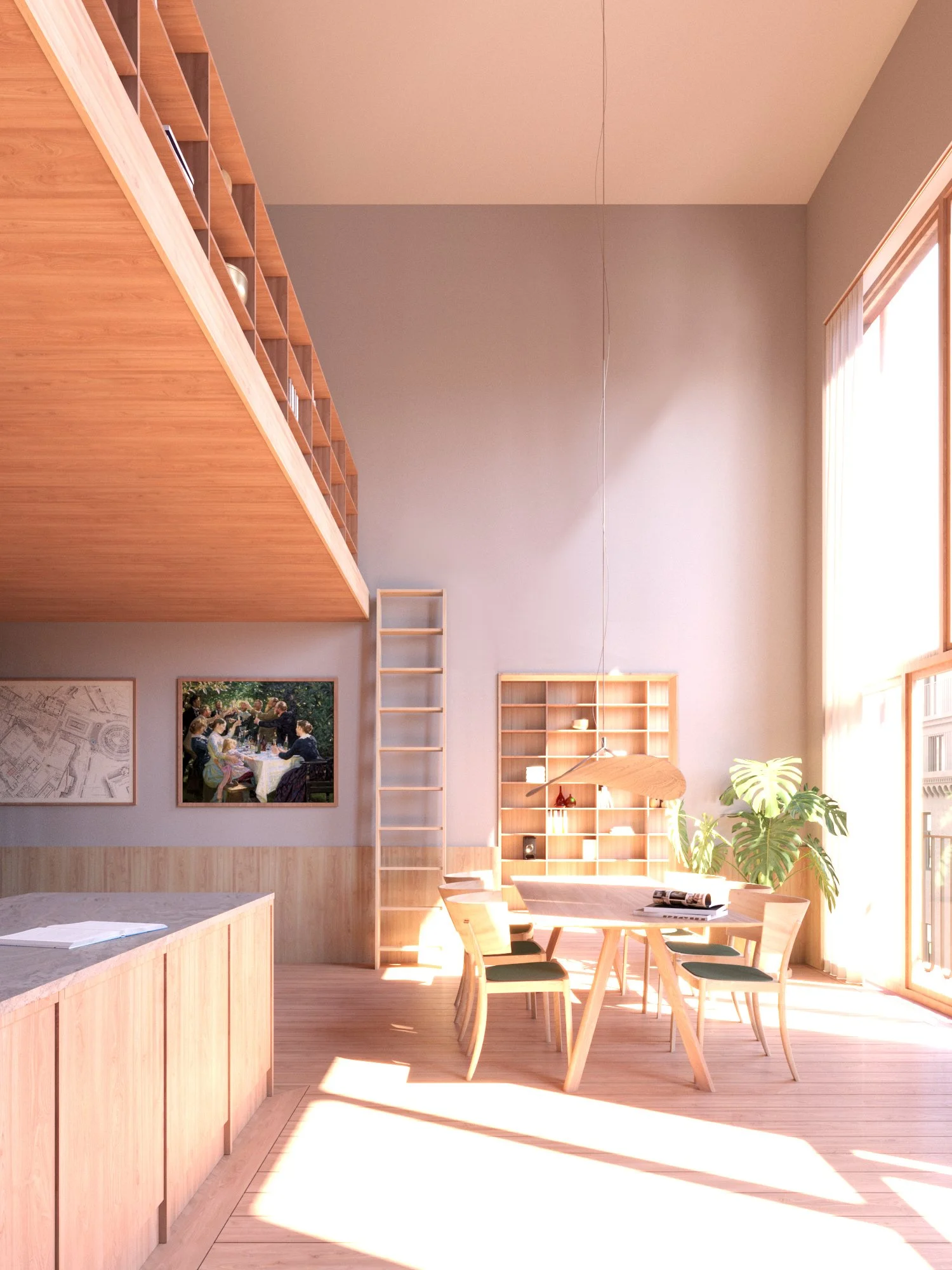 A bright, airy room with large windows letting in natural light, featuring wooden furniture including a table and chairs, a tall bookshelf, and artwork on the wall.