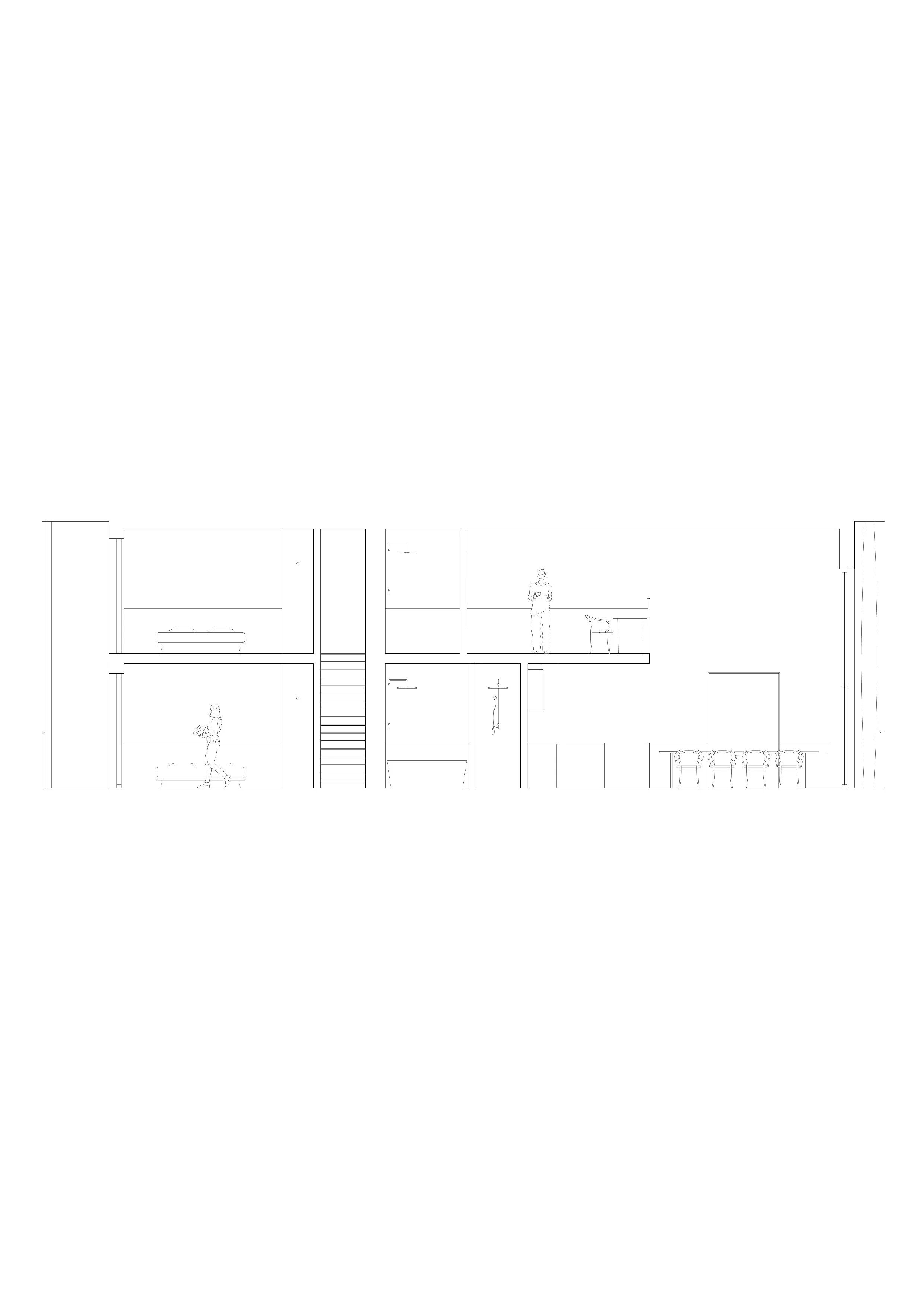 Architectural blueprints of a multi-story building with interior layouts, stairs, furniture, and human figures.
