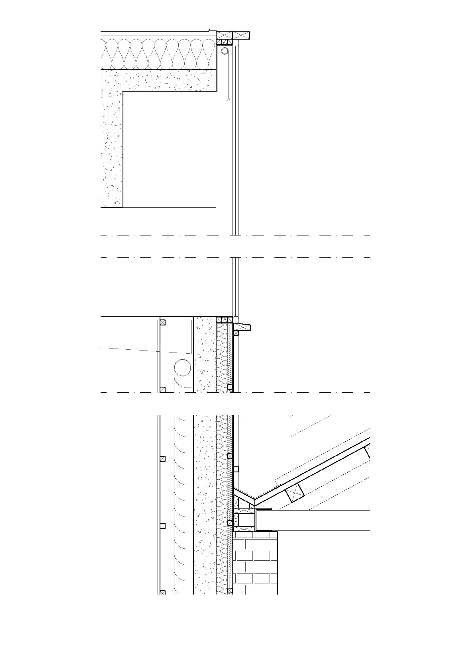 Architectural blueprint of a building section showing construction layers, vertical elements, structural details, walls, insulation, and foundation.