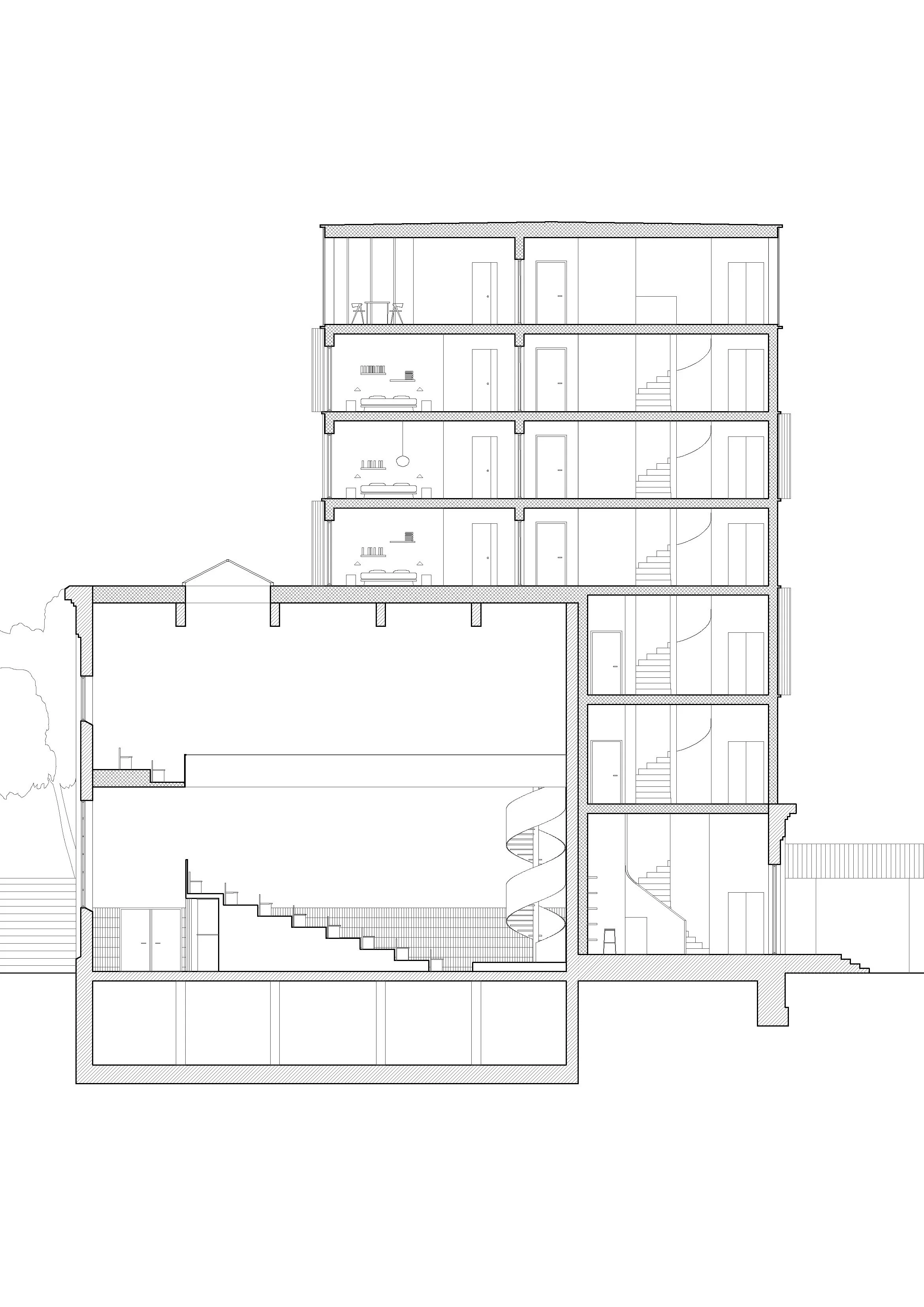 A detailed architectural section drawing of a multi-story building, showing interior layouts, staircases, and structural elements.