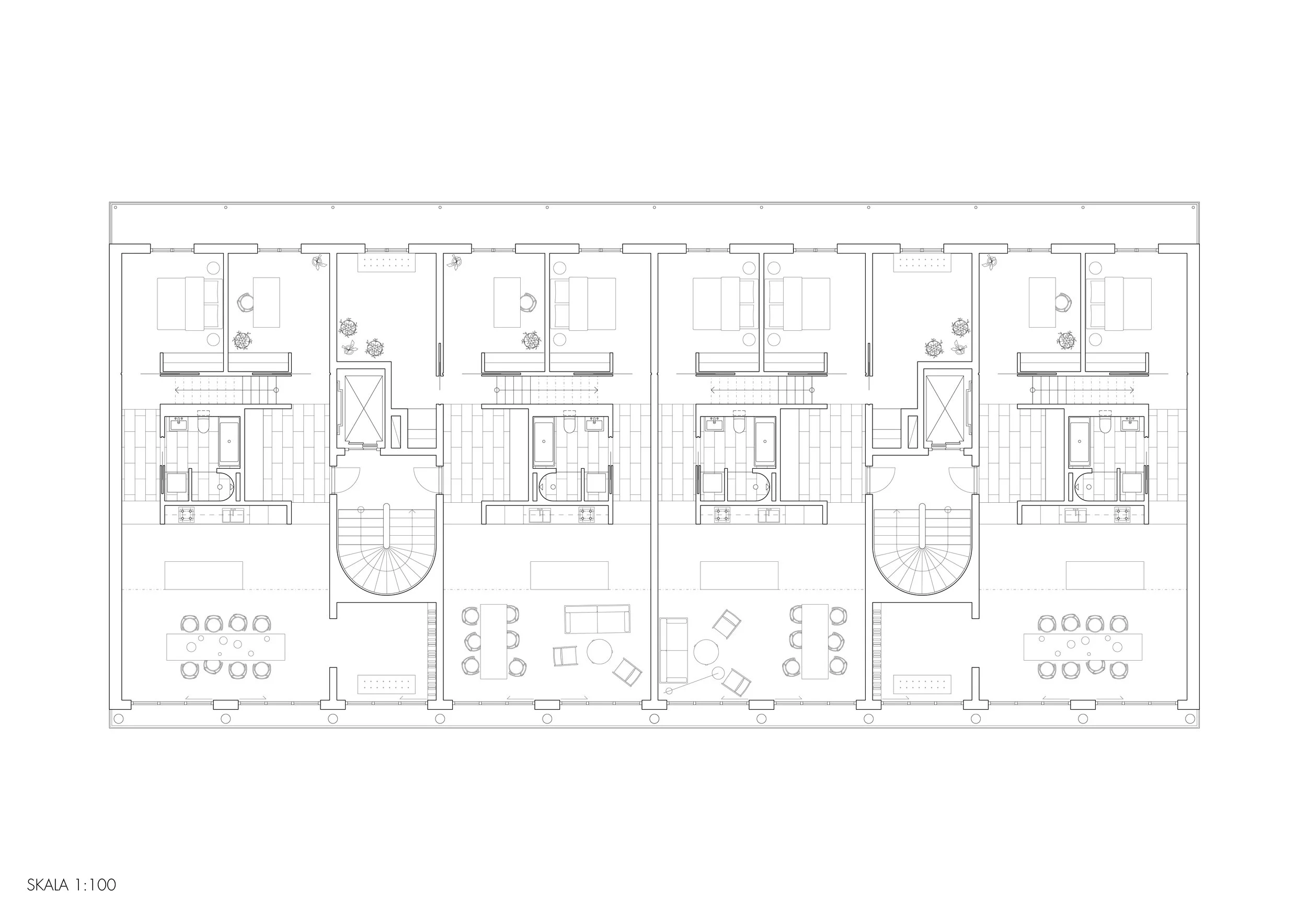 Architectural floor plan of an apartment building, showing multiple units with bedrooms, bathrooms, kitchens, living areas, and staircases, scaled 1:100.