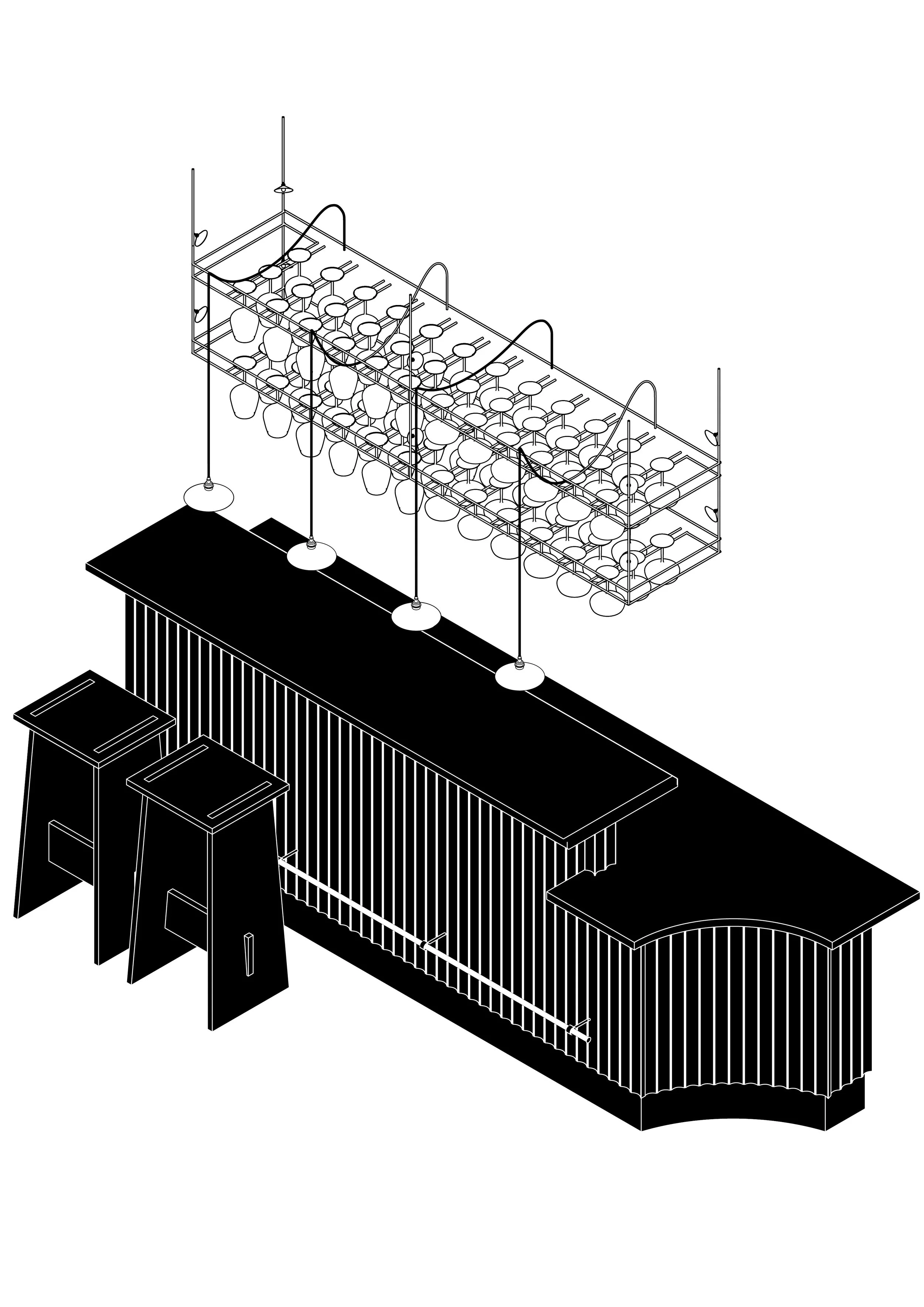 Wireframe model of a bar counter with stools, overhead pendant lights, and bar stools with high backs.