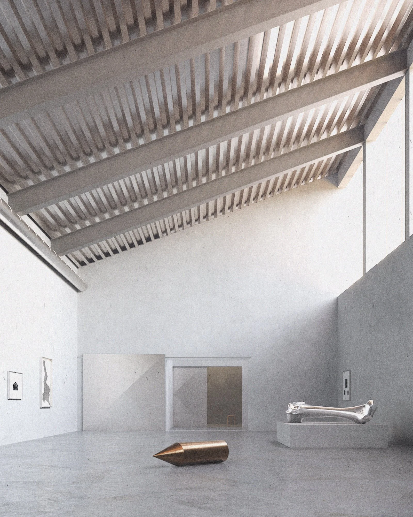 Interior view of a modern, minimalistic art gallery with white walls and a light wood floor. The ceiling features wooden slats, and there are three framed art pieces on the walls. A sculpture resembling a seated figure is displayed on a pedestal in f