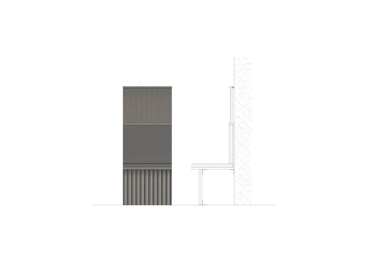 Architectural drawing of a modern building facade with three vertical sections, featuring different materials and textures, and a flat roof.