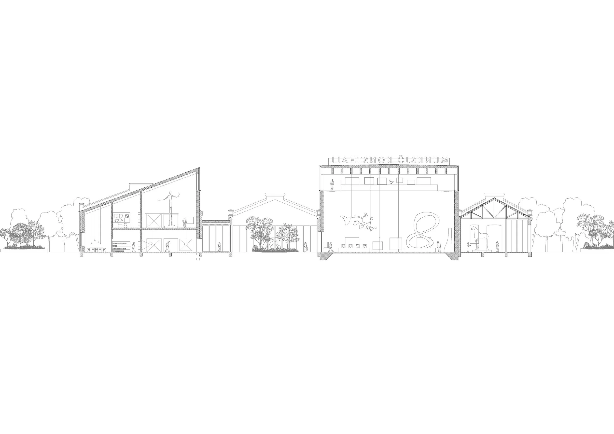 Cross-section architectural drawing of a museum building with trees surrounding it, showing interior spaces including galleries, exhibition areas, and climbing structures.