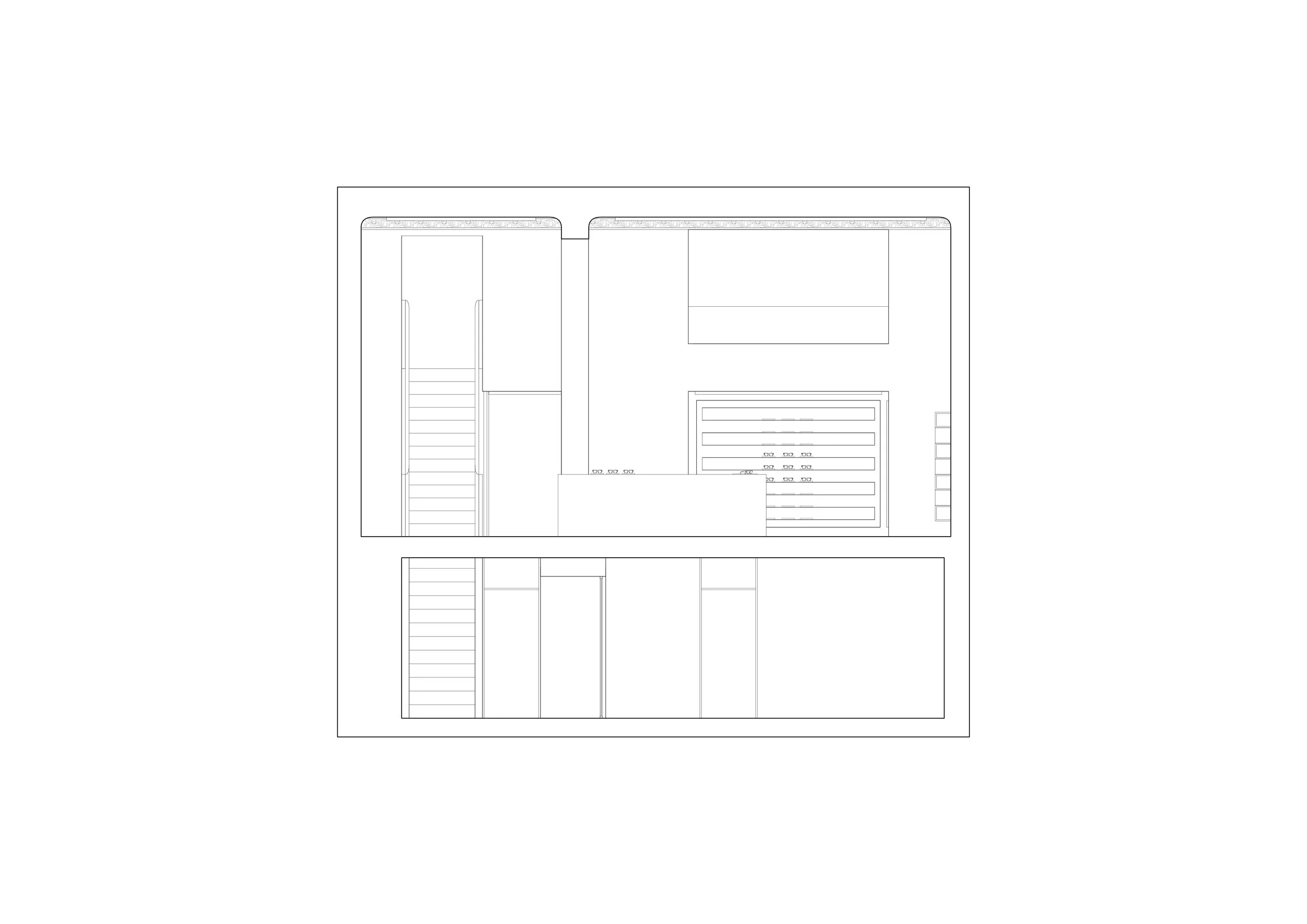A black and white architectural floor plan or blueprint of a building with various rooms, staircases, and structural details.