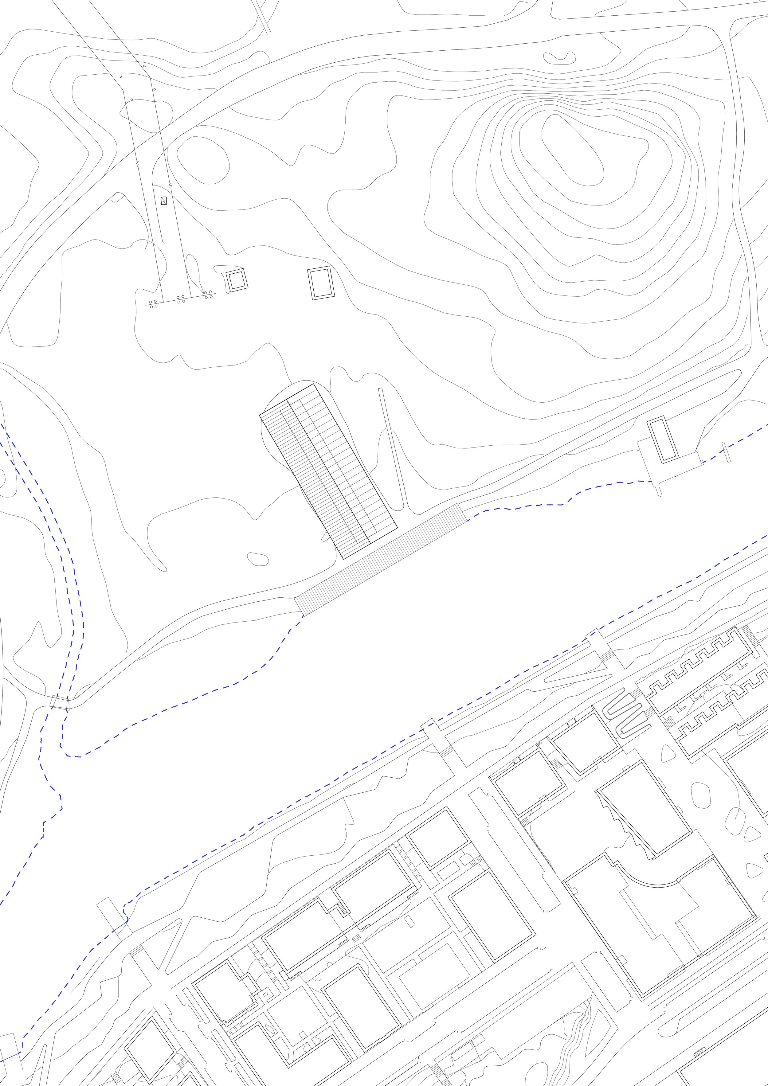 A detailed topographic map showing the terrain elevation contours, buildings, roads, and pathways in an urban or suburban area.