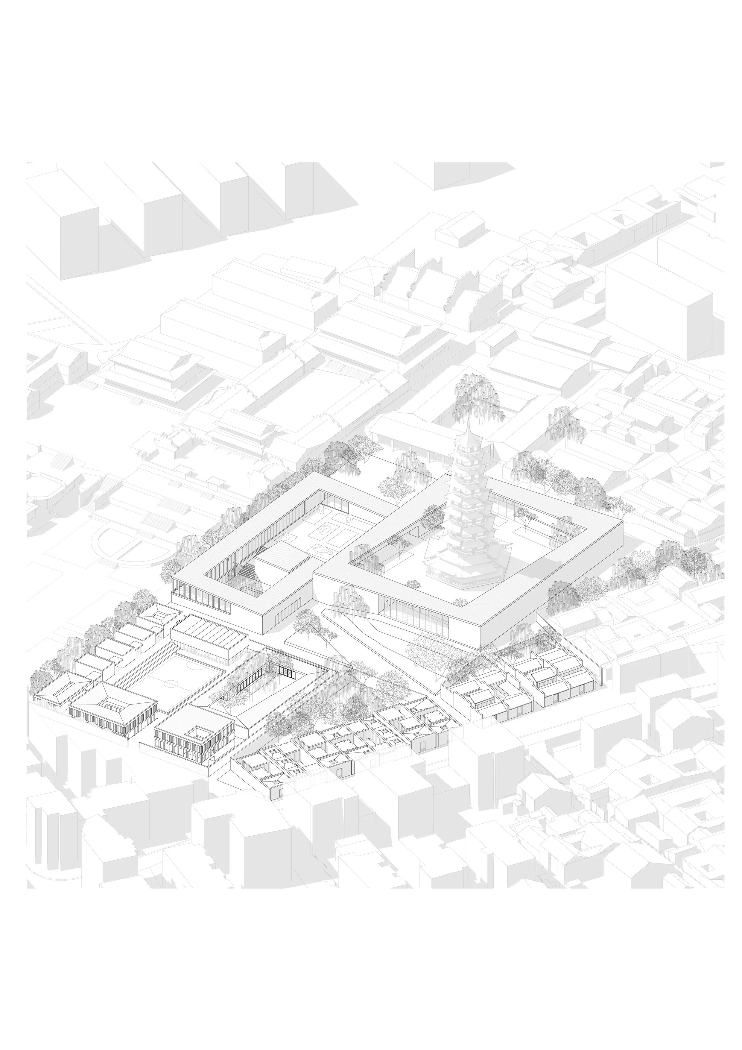 An architectural drawing of a large complex with multiple buildings, open courtyards, and surrounding greenery, including a traditional pagoda-style structure.