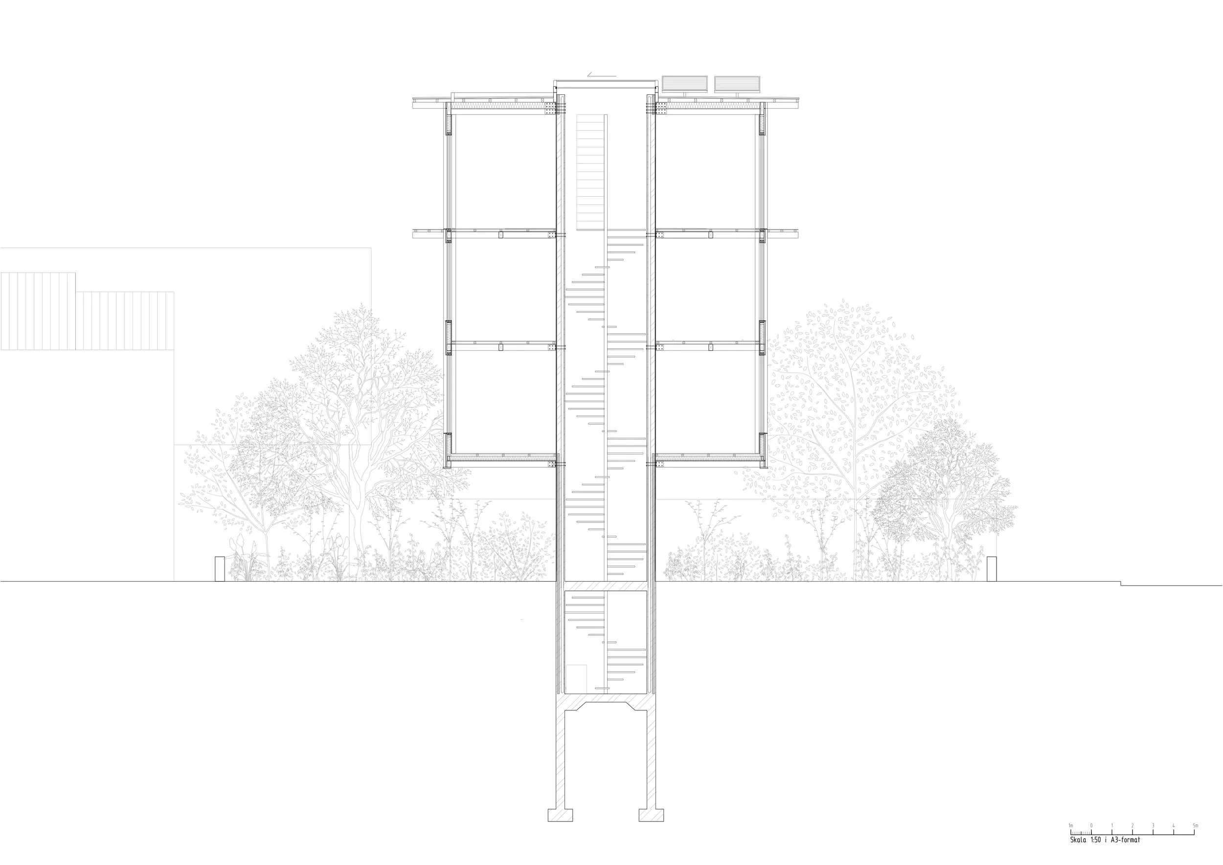 Architectural blueprint or technical drawing of a multi-story building with trees surrounding it.