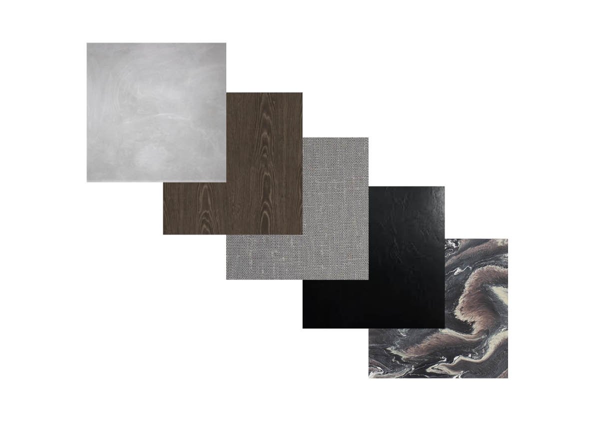 Six different textured and colored material samples arranged in a cascading pattern from light gray to dark with a marbled pattern at the bottom right.