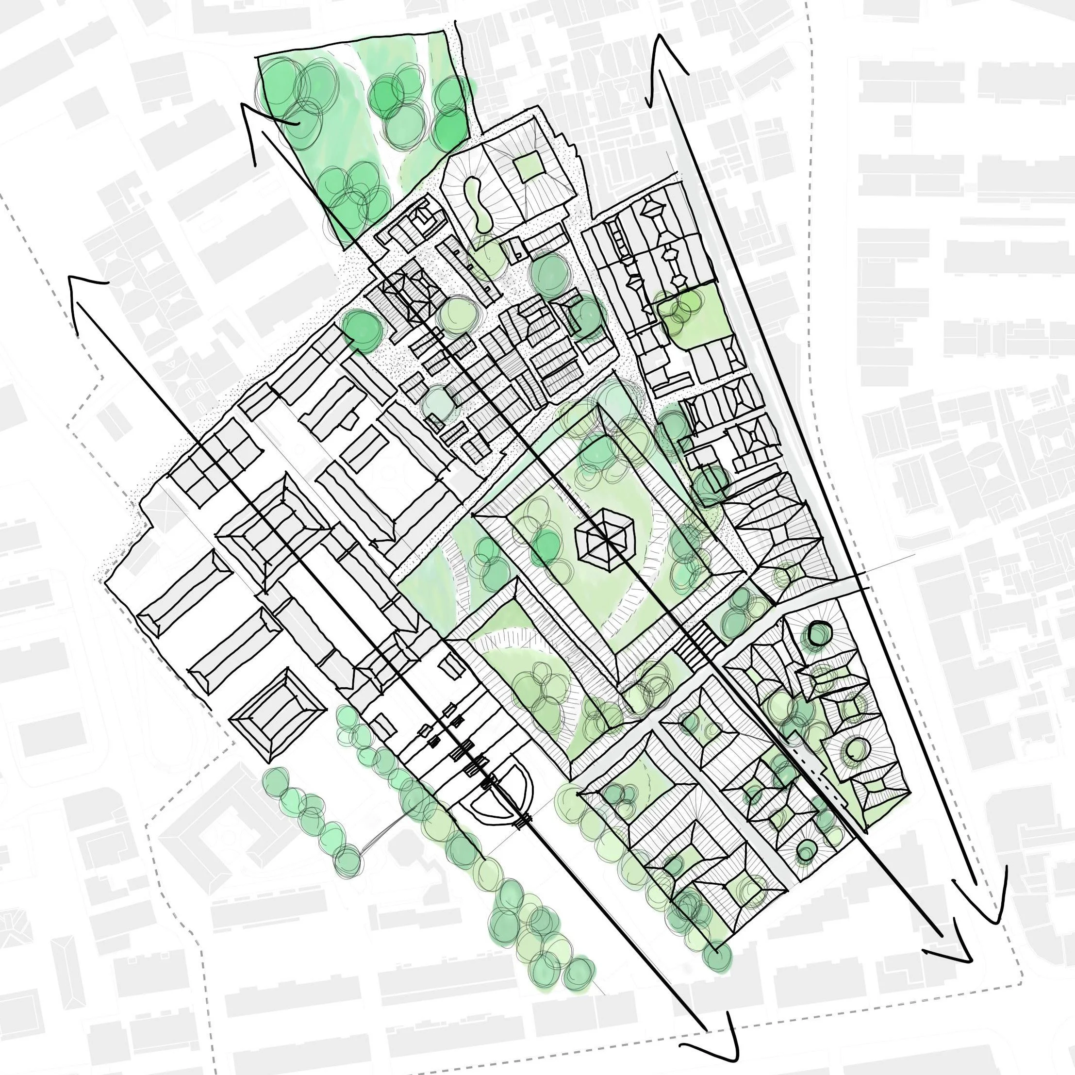 A site plan or landscape architecture drawing showing a layout with green spaces, trees, pathways, and buildings outlined in black on a city map background.