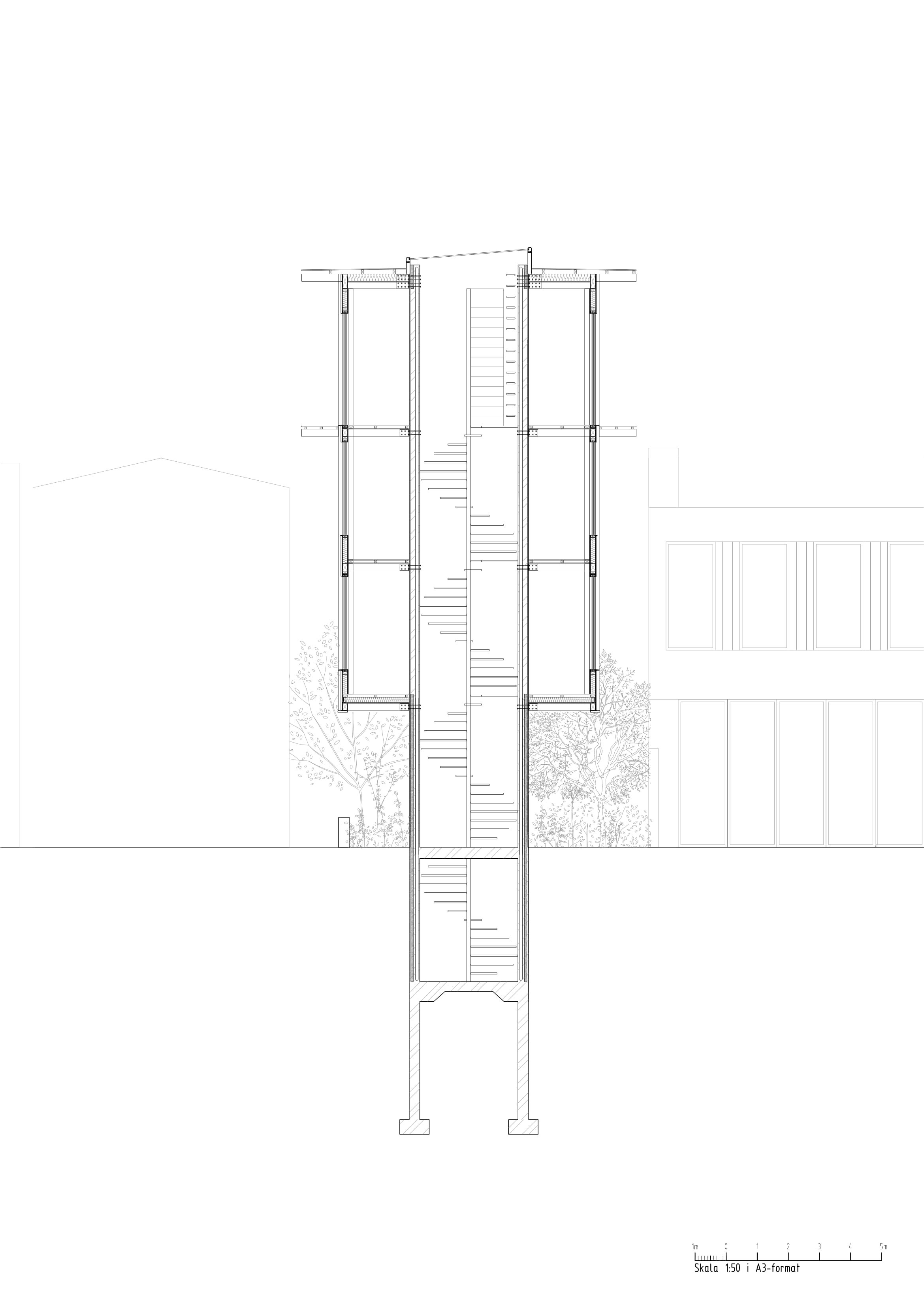 Architectural blueprint of a multi-story building with detailed floor plans and structural components, including staircases, walls, and exterior landscaping elements.
