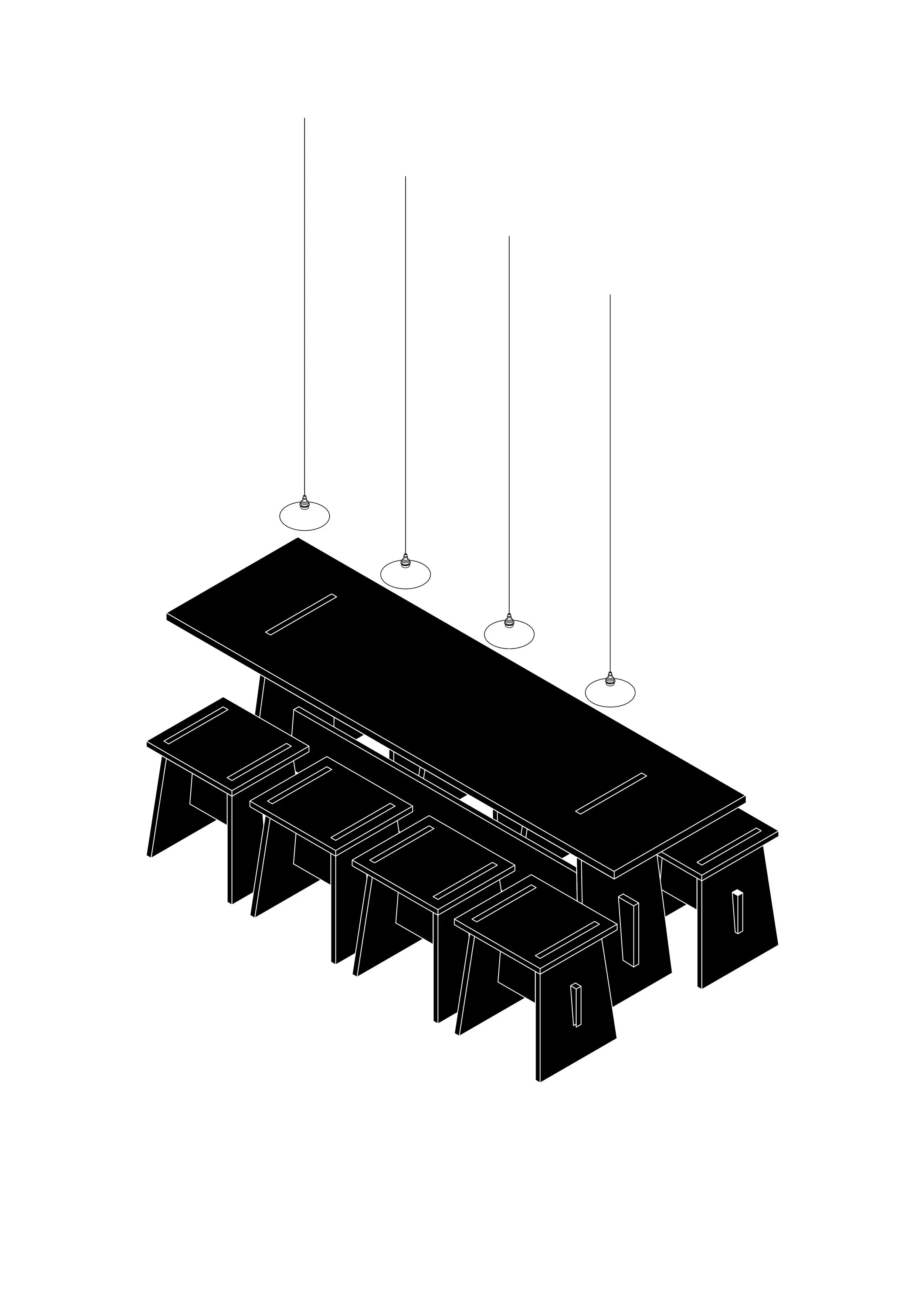 Black dining table with four matching black stools, three white pendant lights hanging above the table, and a white wall in the background.