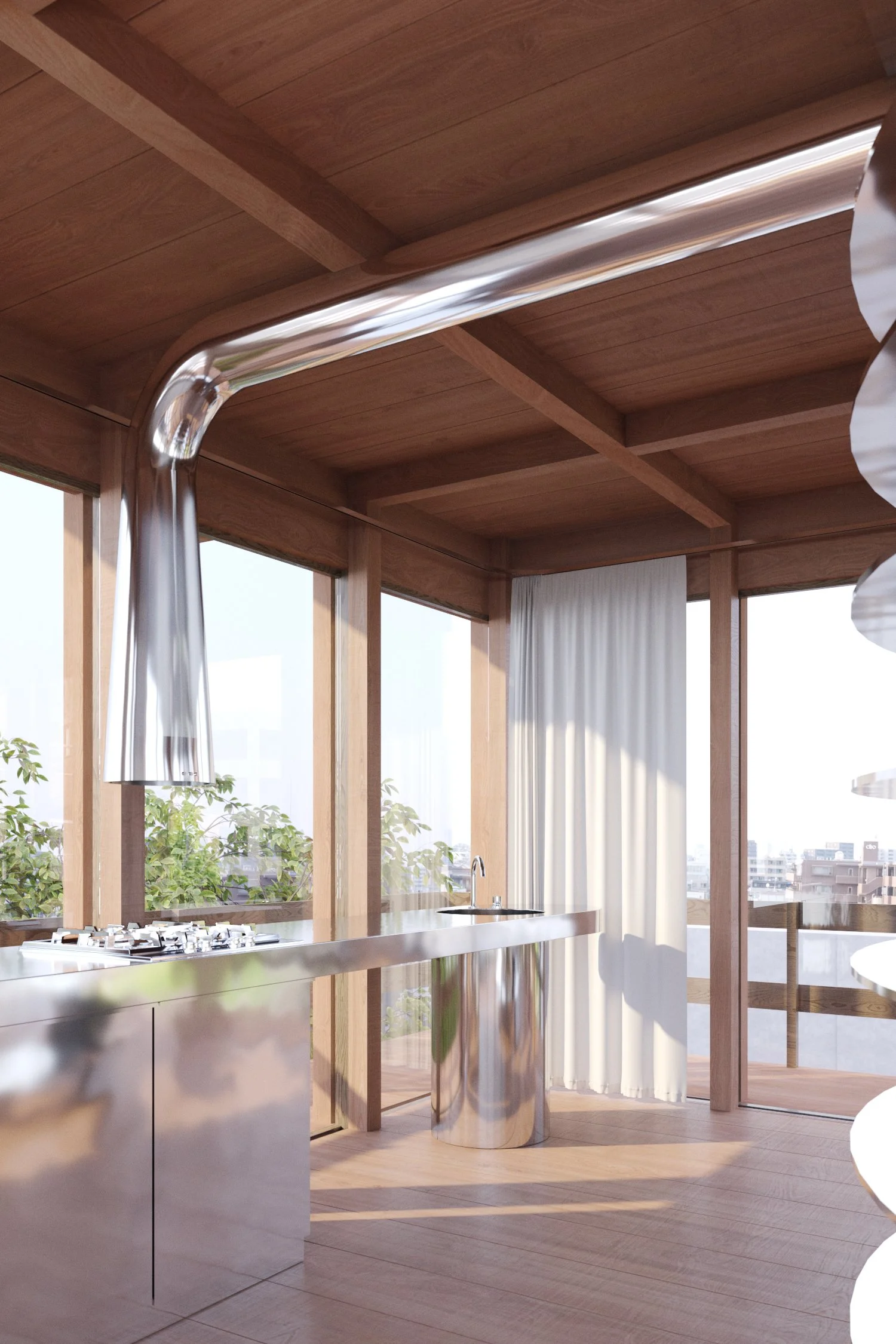 Modern kitchen with wooden ceiling, large windows, and stainless steel appliances, including a gas stove and a curved countertop.