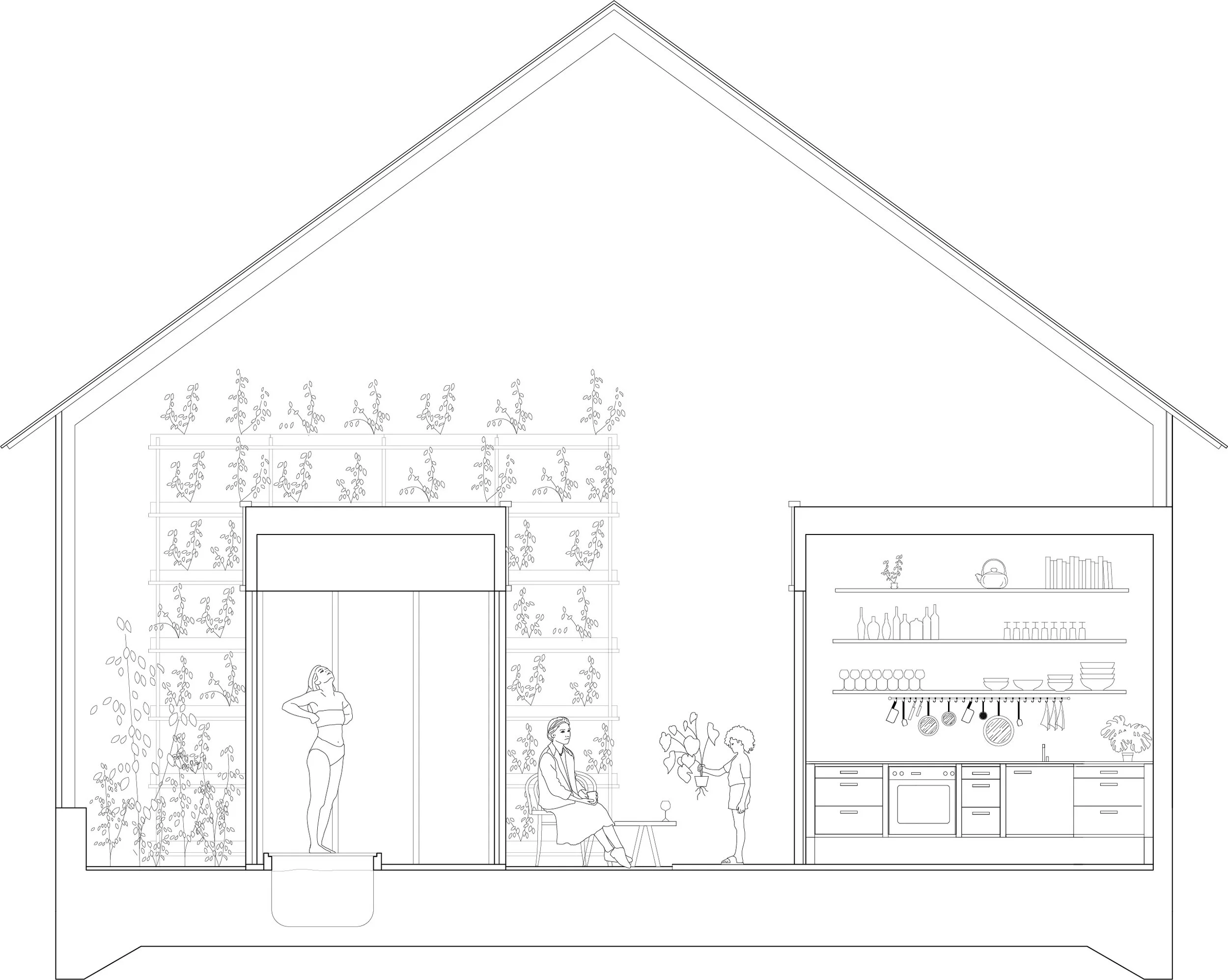 Line drawing of a modern two-story house interior, showing multiple people, large windows, indoor plants, kitchen with shelves and utensils, and decorative elements.