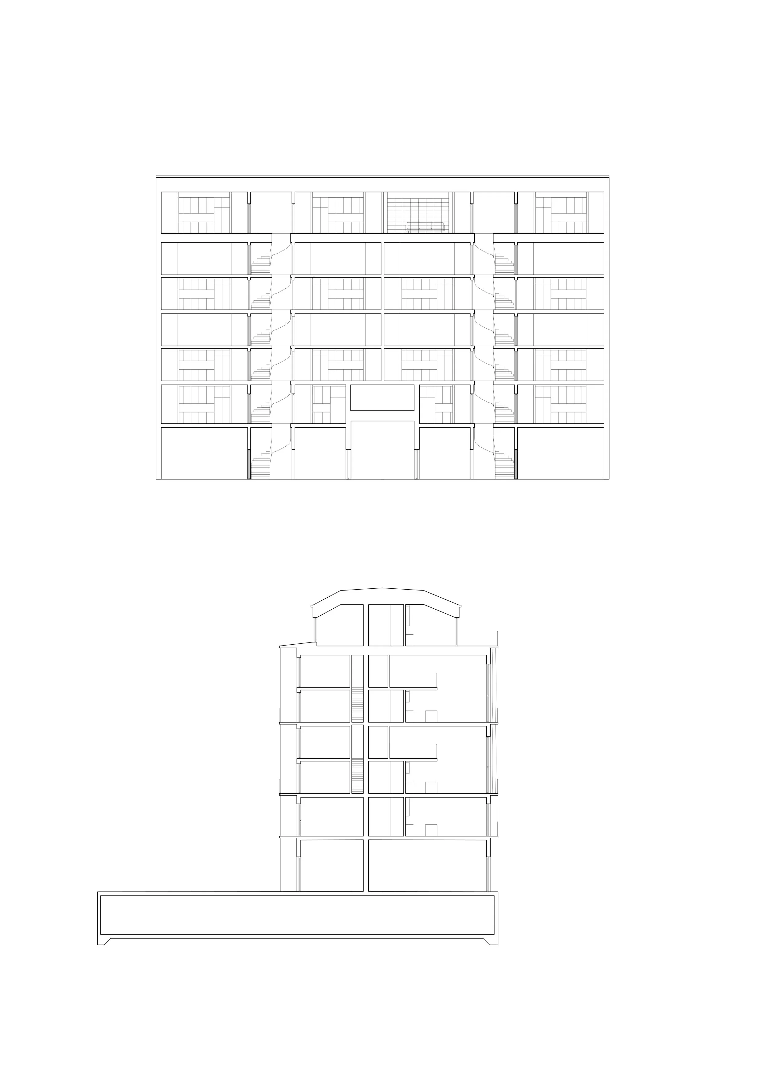 Architectural technical drawings of a multi-story building, showing detailed floor plans and sectional views.
