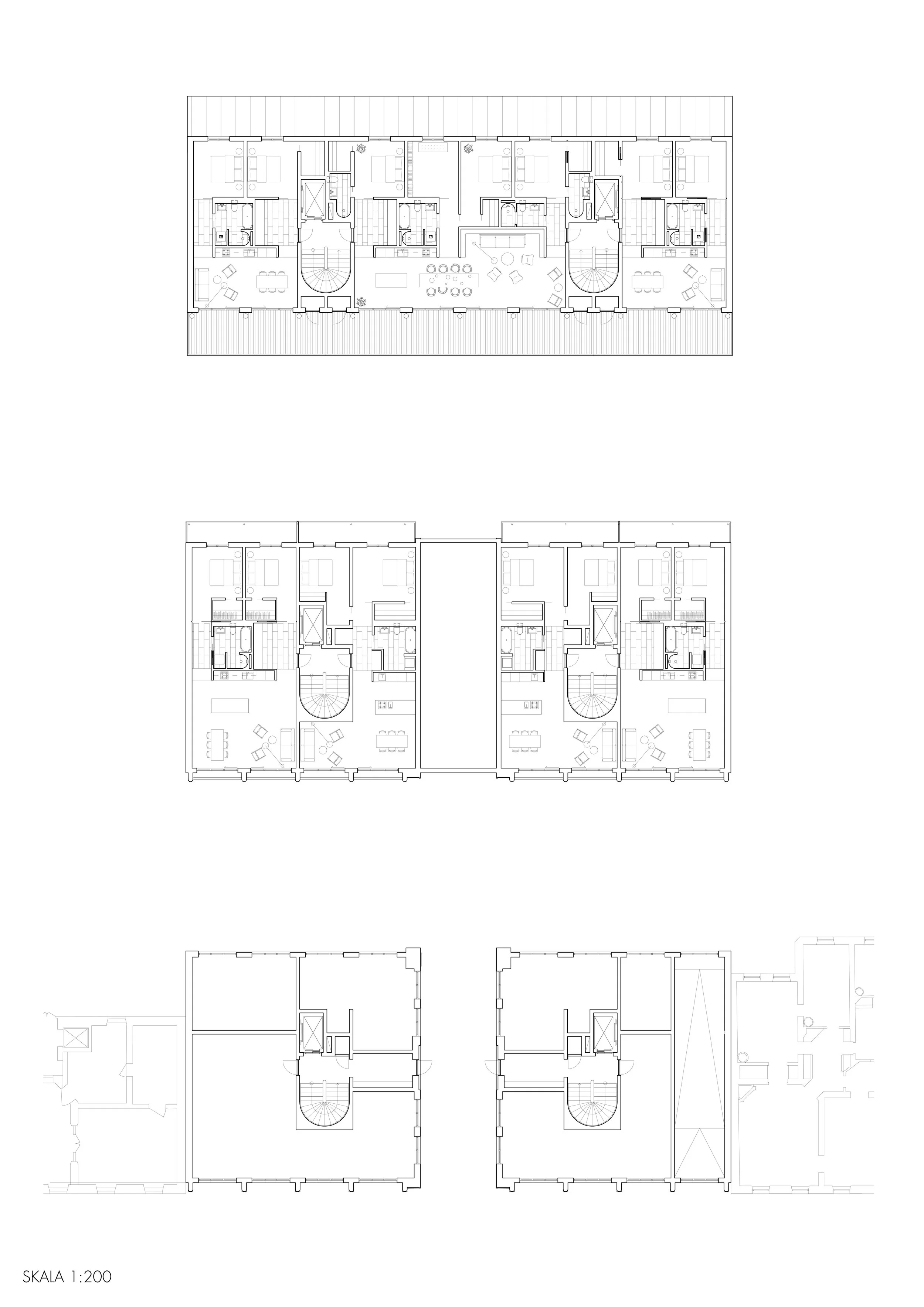 Architectural floor plans of a residential building with multiple units, staircases, elevators, and common areas, shown in black and white.
