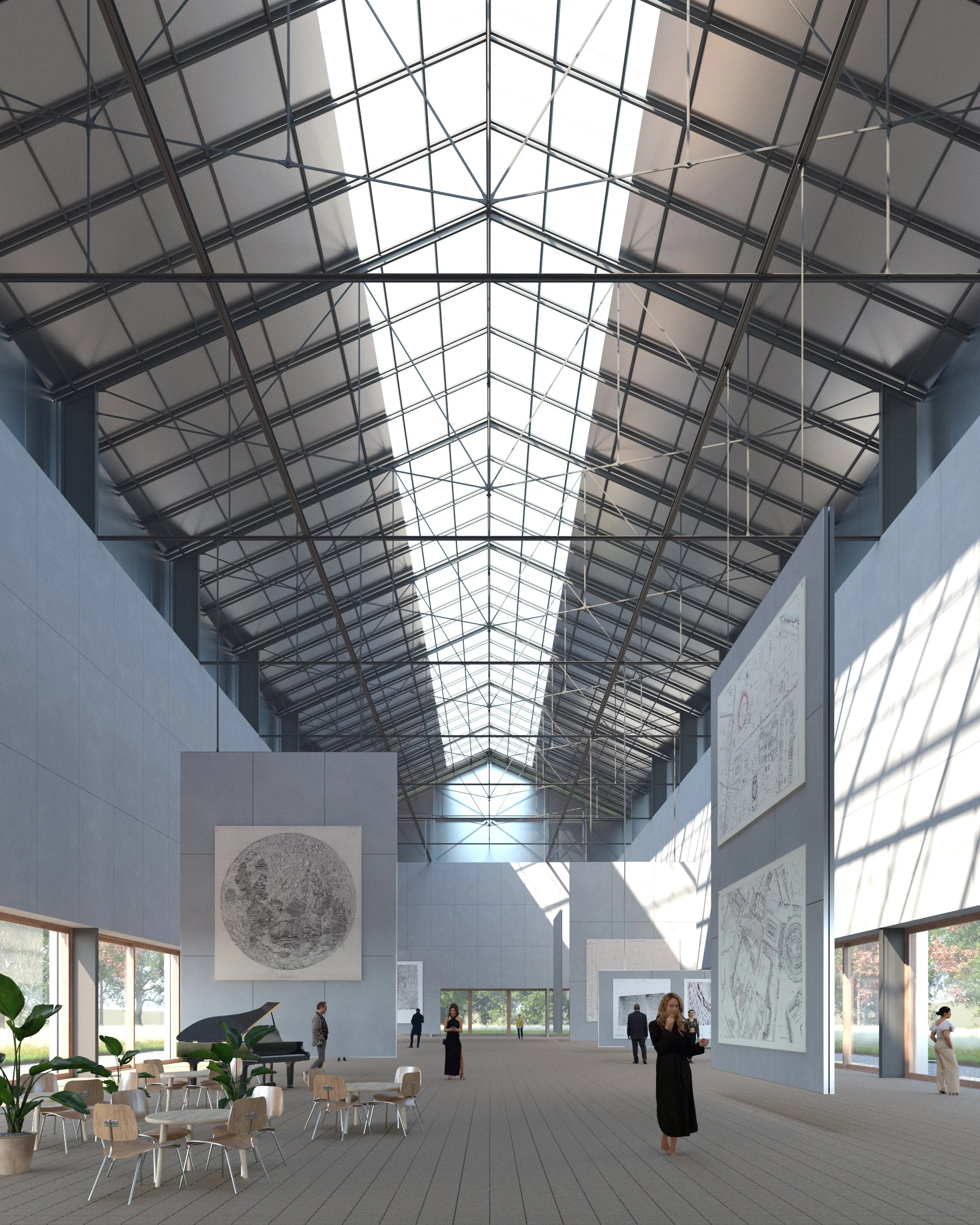 Interior view of a modern art gallery with large windows, artworks on the walls, and visitors walking and observing the exhibits.