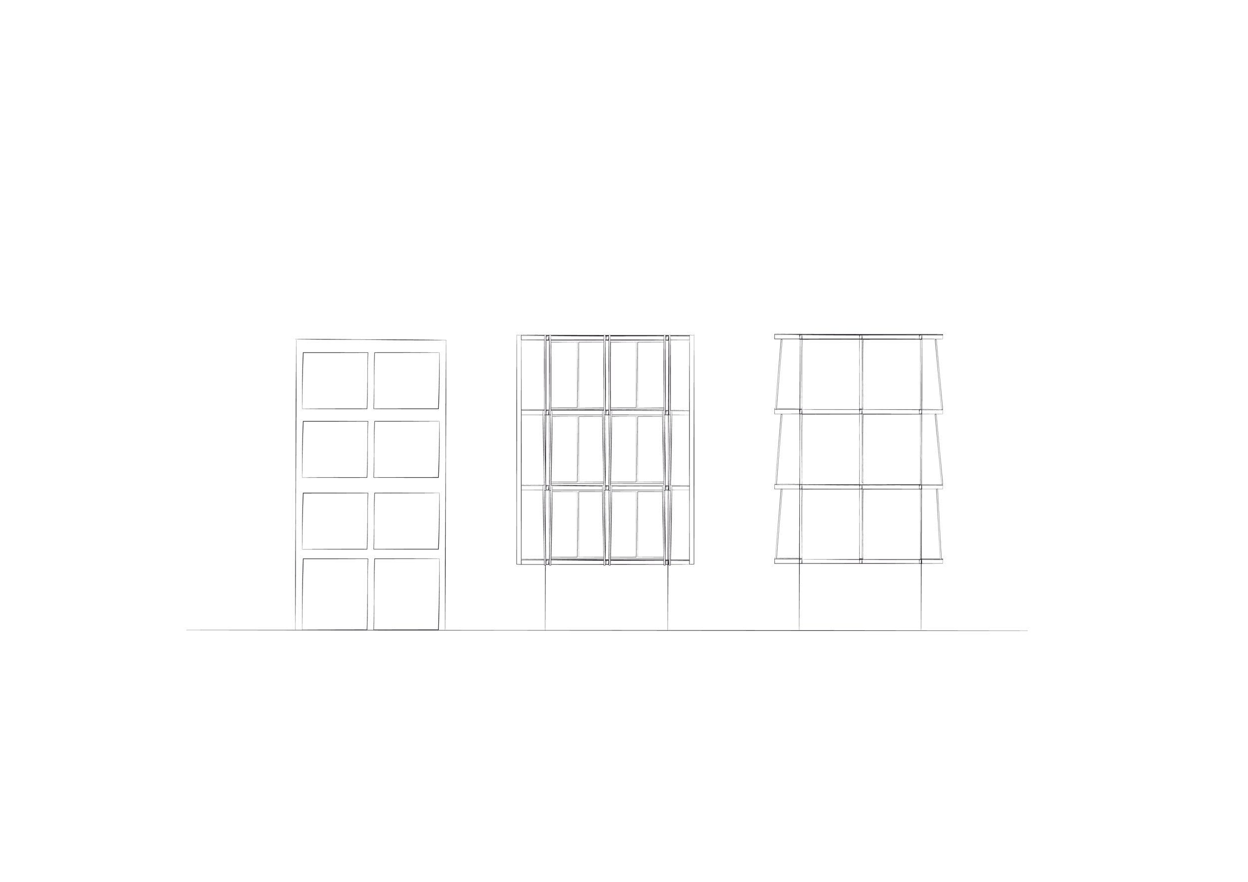 Line drawing of four different shelving units or bookcases with varying designs.