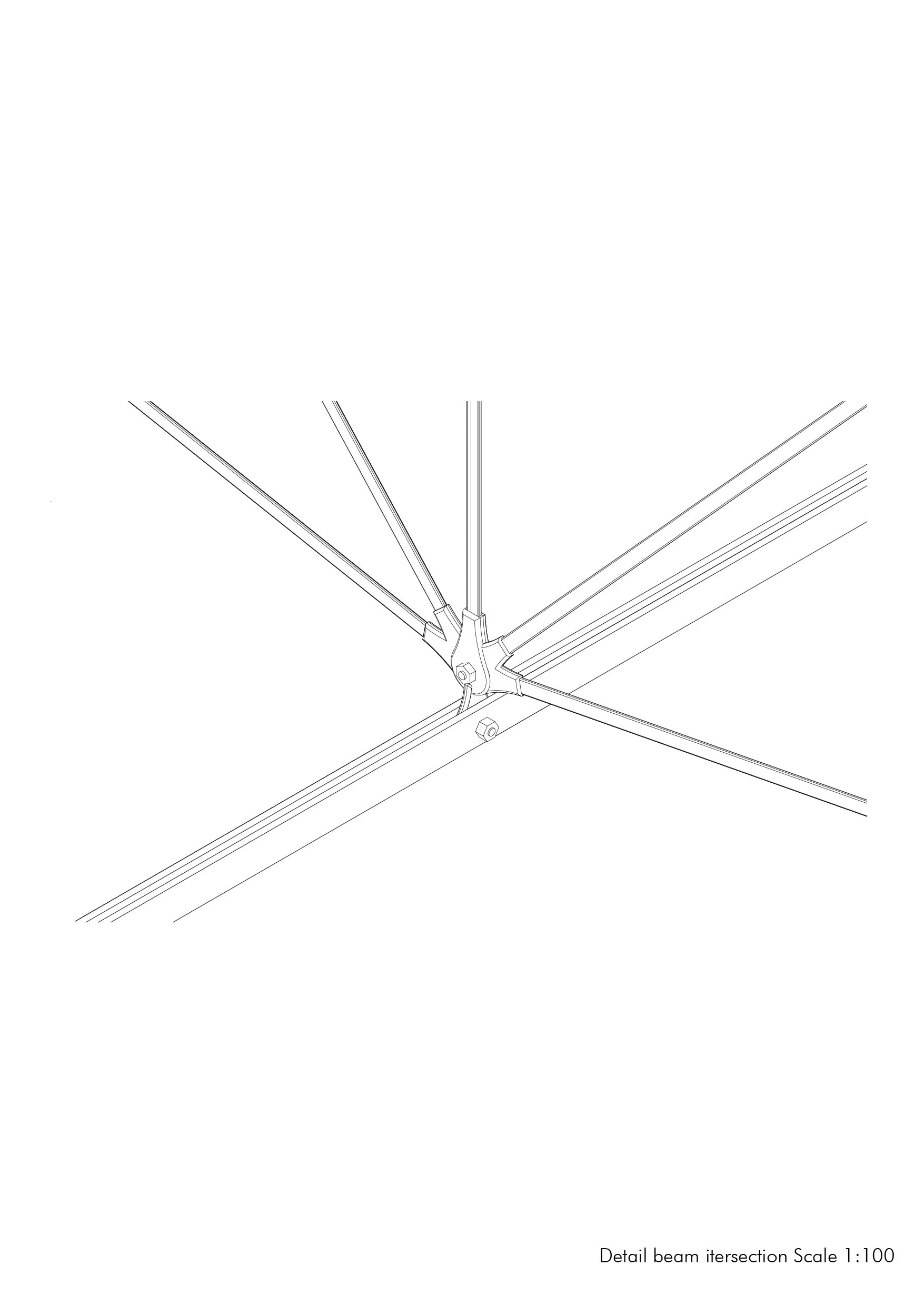 Technical drawing of structural beam connections at the intersection, with detailed scale 1:100.