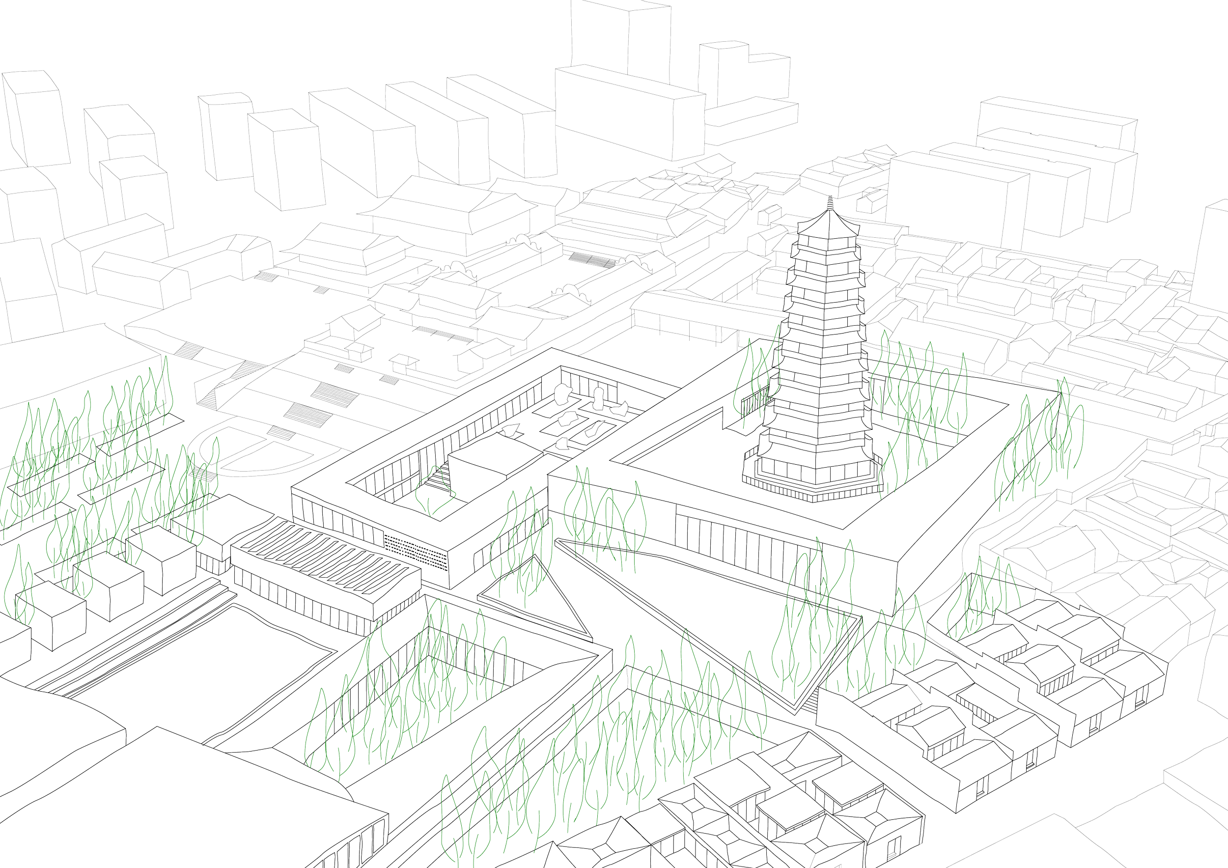 3D wireframe model of a cityscape at night with buildings, trees, and streets outlined in white on a black background.