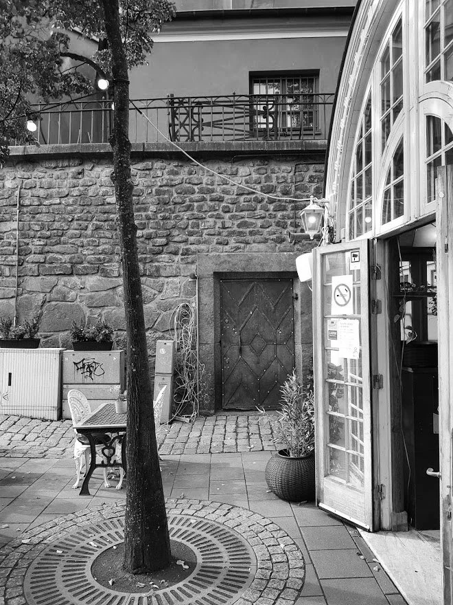 A black and white photo of a cozy outdoor cafe or restaurant patio with a tree in the foreground, a bench, potted plants, a closed wooden door, and a building with large windows and string lights overhead.