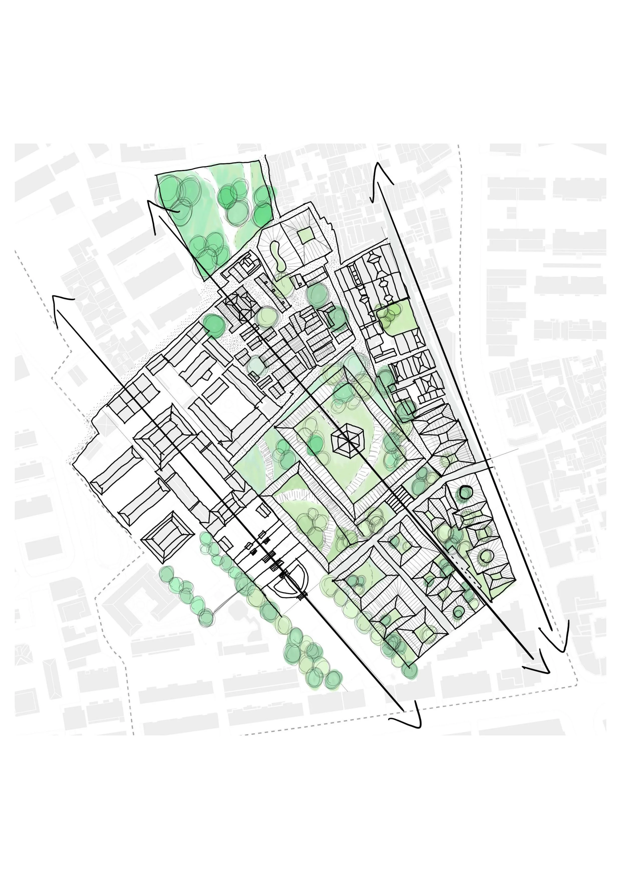 Architectural site plan with green spaces, trees, pathways, and building outlines, indicating an urban development layout.