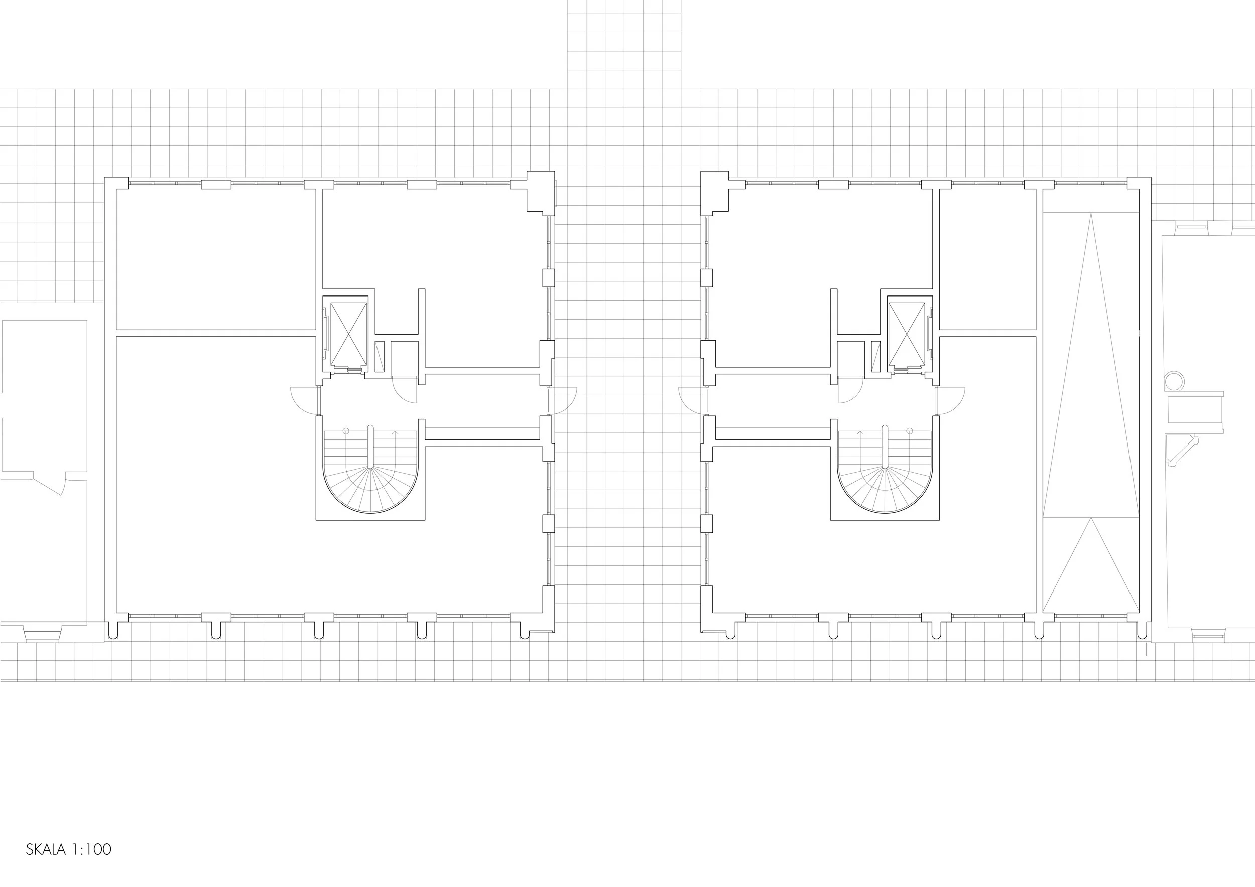 Architectural floor plan of a building with multiple rooms, stairs, and corridor.