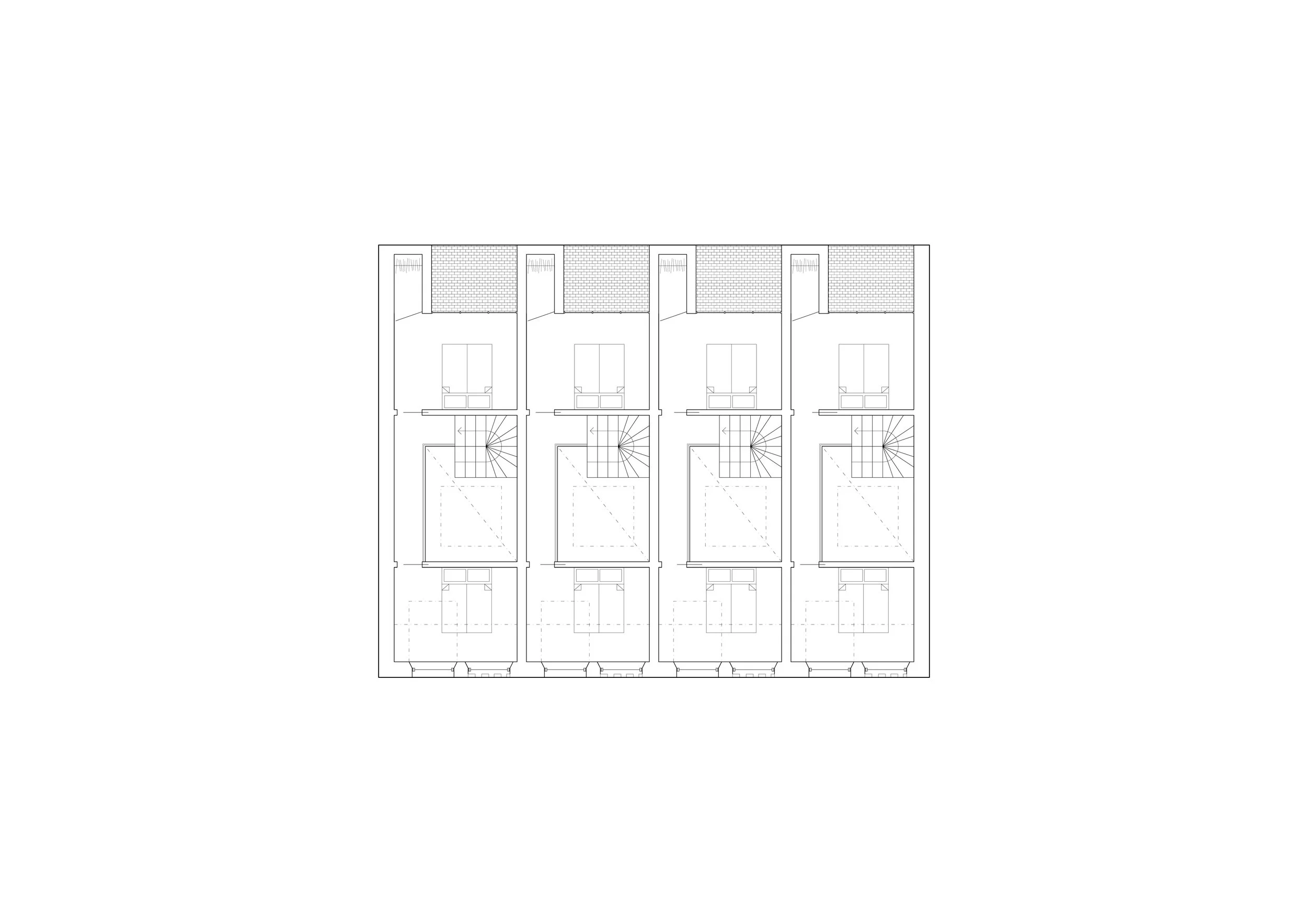 Architectural floor plan drawing with multiple rooms and a staircase, shown in black and white.