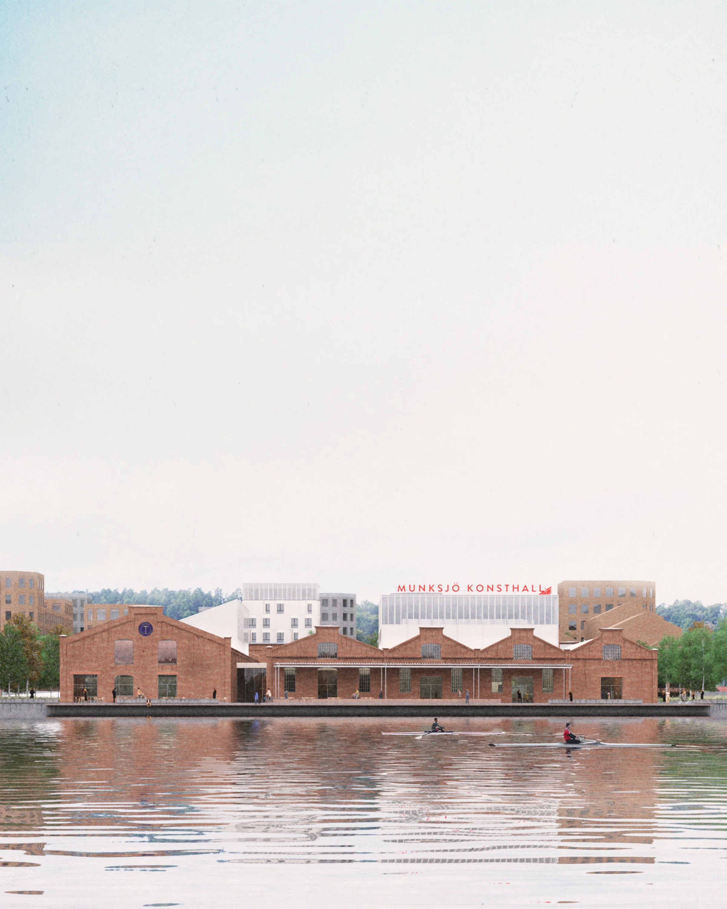 View of rooftops and buildings alongside a waterway with two people kayaking.