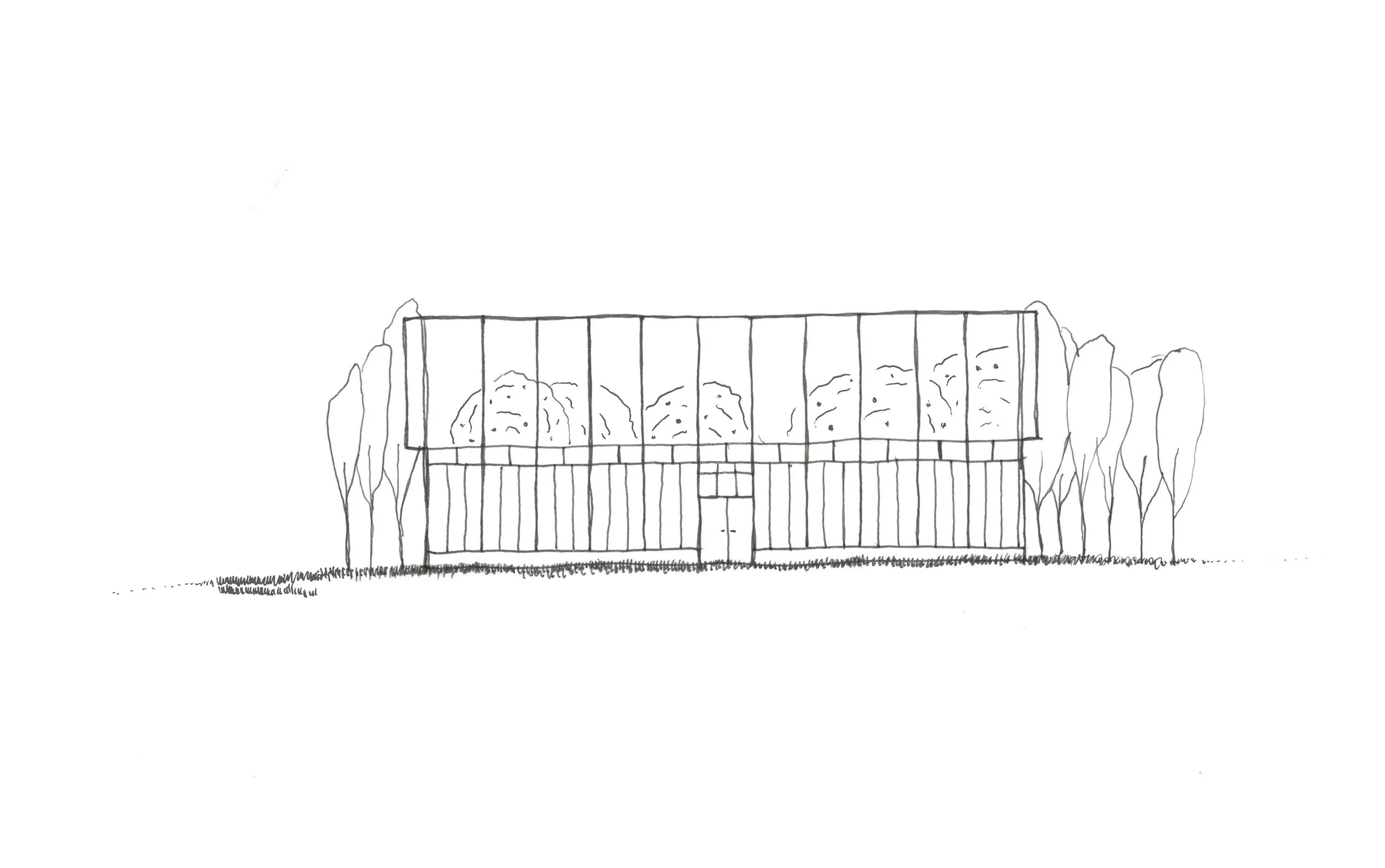 Line drawing of a modern house with a stone foundation, vertical wooden slats for walls, a garage door, and surrounded by trees on either side.