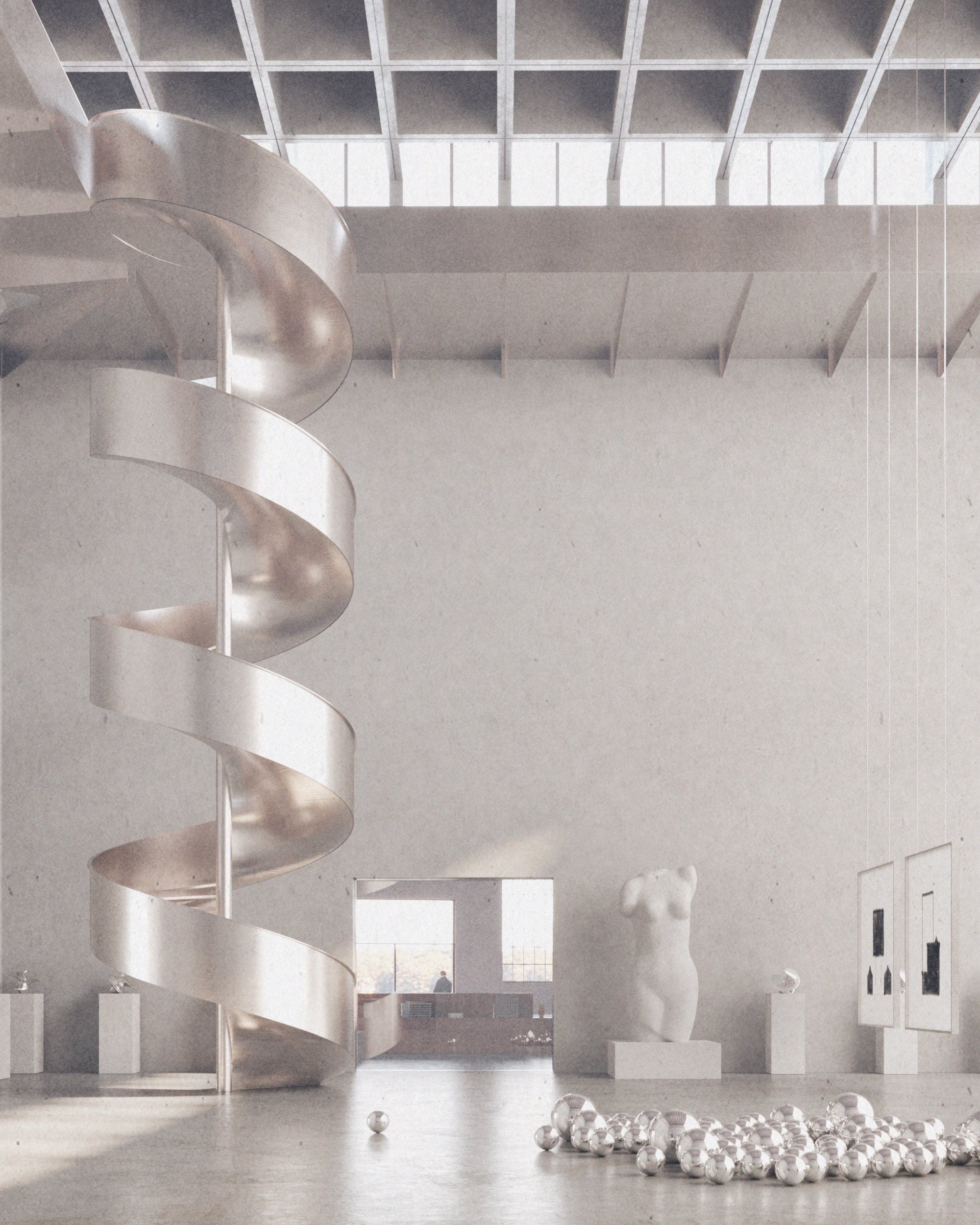 Interior view of a modern building with a white spiral staircase, scattered metallic balls on the floor, and large windows letting in natural light.
