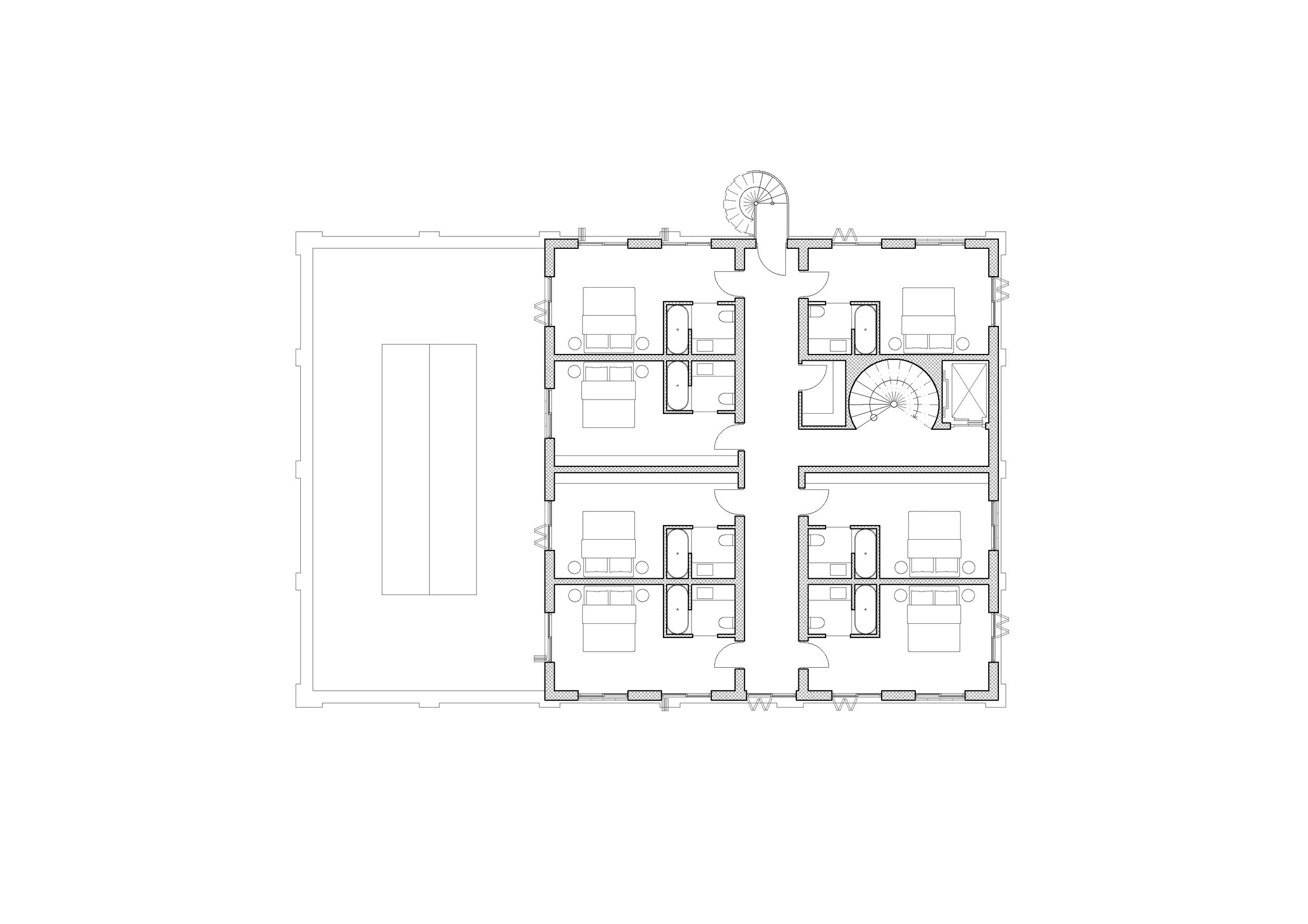 Floor plan drawing of a building layout with multiple rooms and spaces.