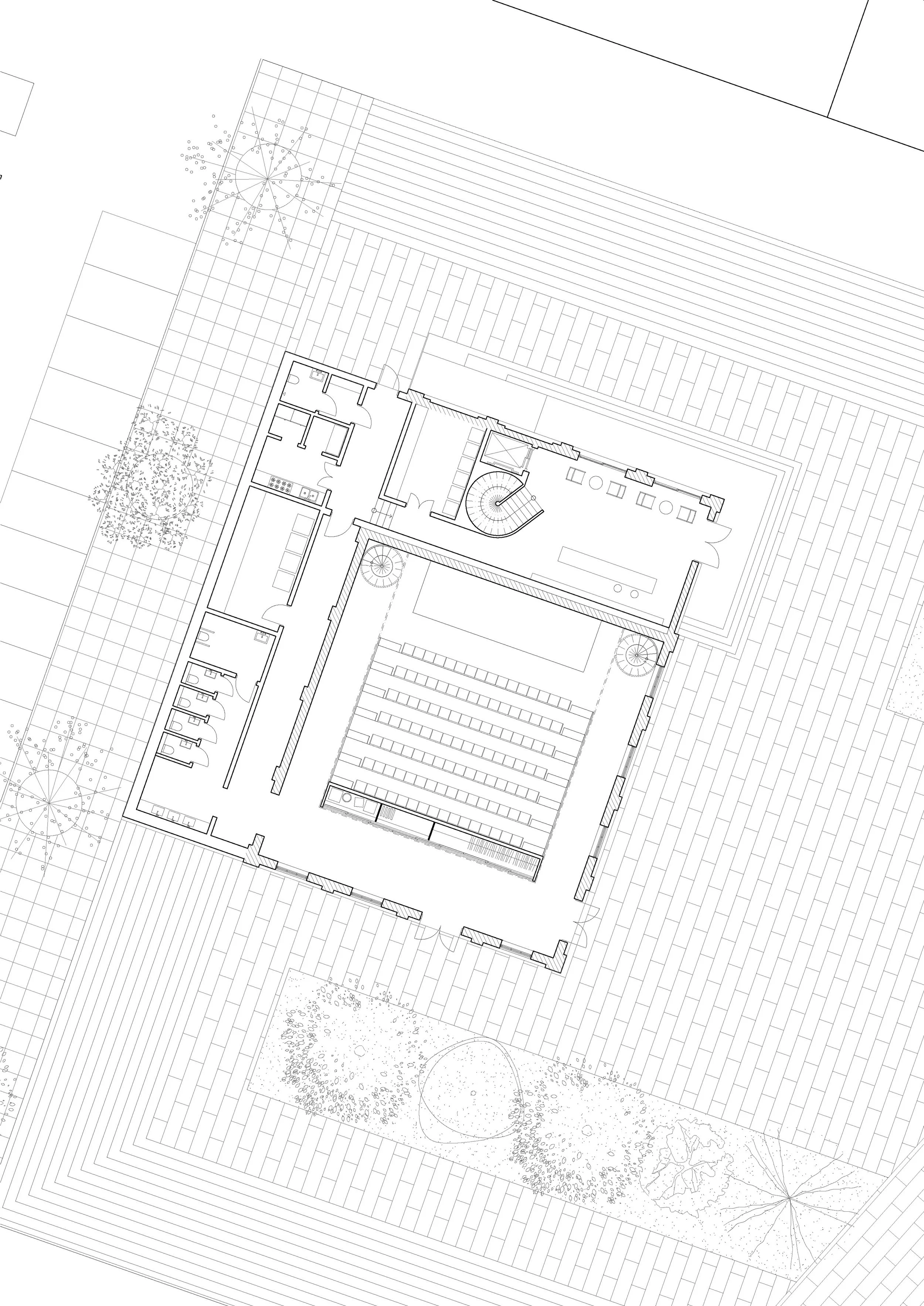 Architectural blueprint or landscape plan showing building layout, outdoor patio, garden, trees, and surrounding landscape features.